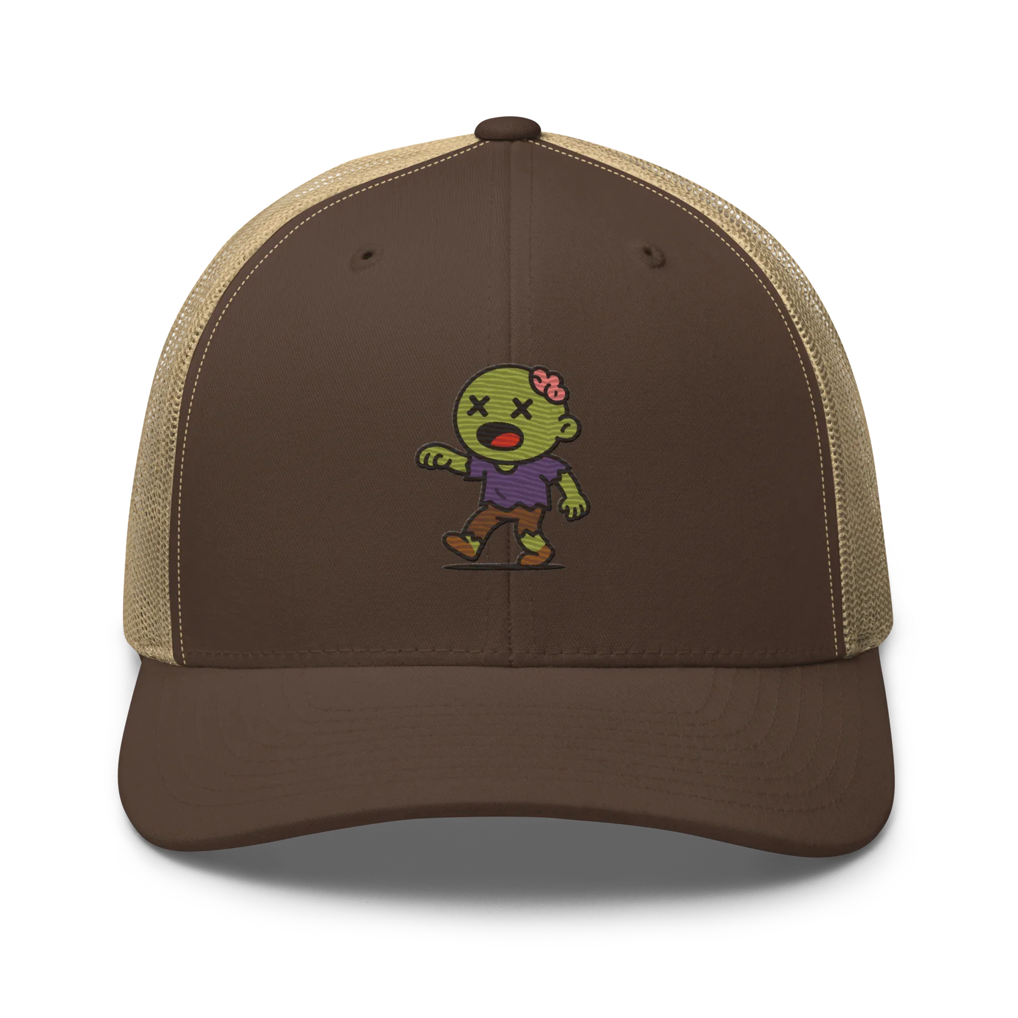 Gorra trucker retro marrón y caqui Doozy Headwear con dibujo de zombi verde al frente