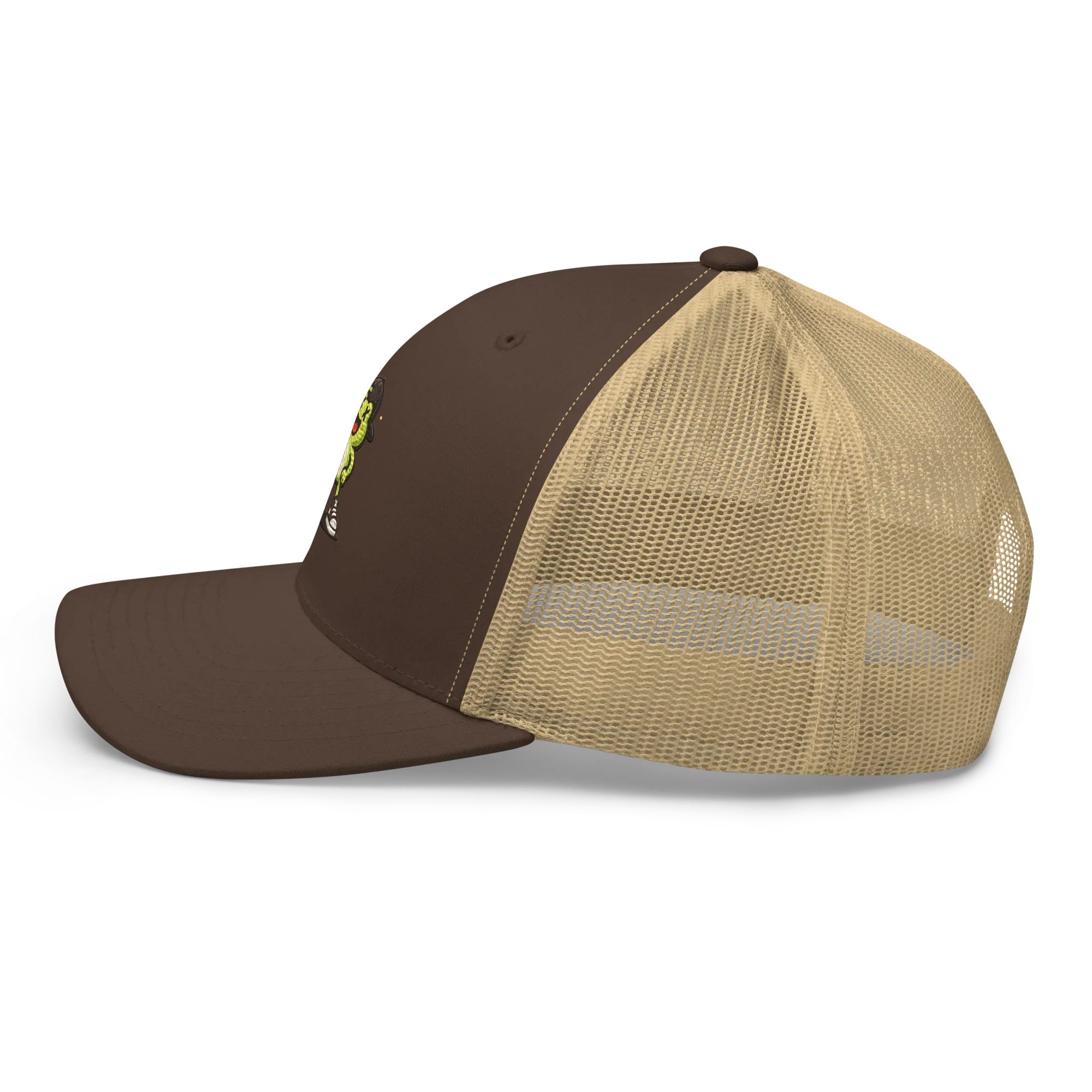 Gorra retro tipo trucker marrón y beige Doozy Headwear con malla lateral, vista lateral izquierda.