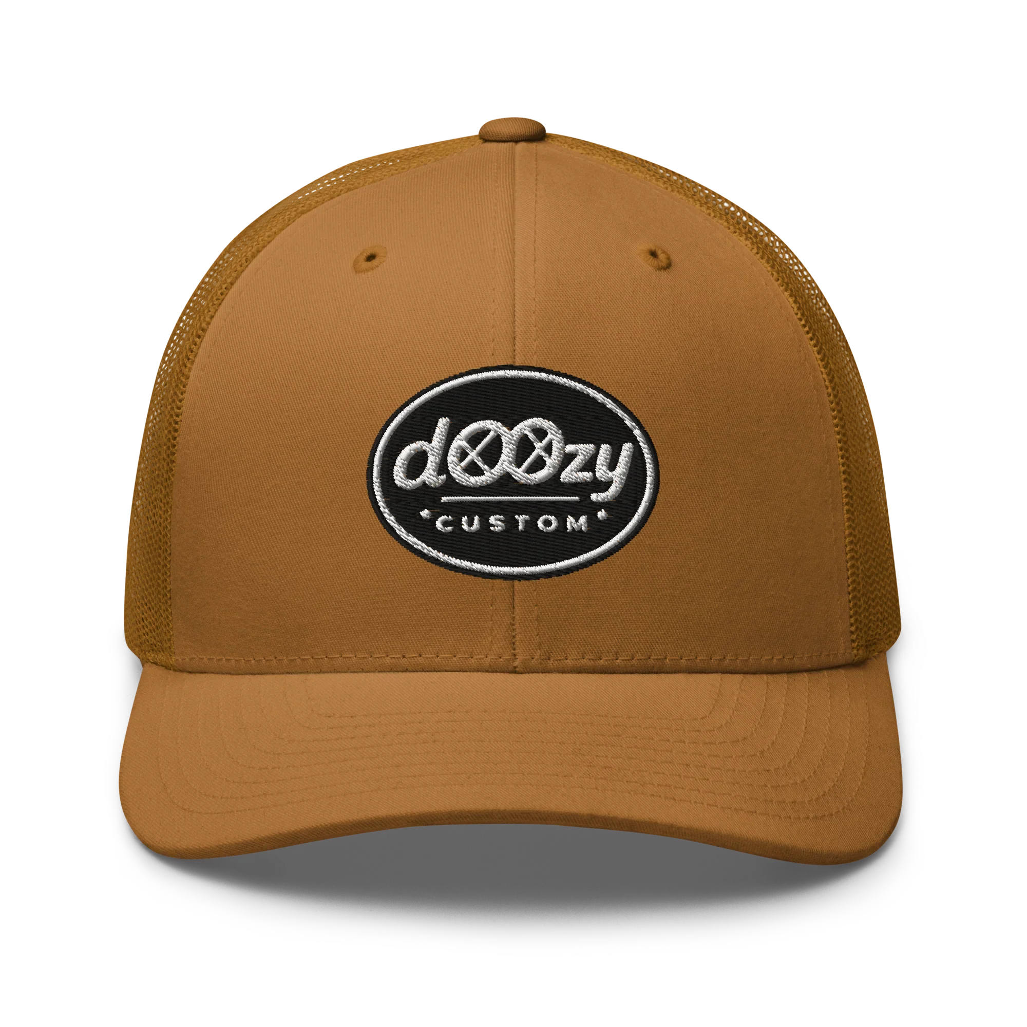 Gorra retro trucker color caramelo Doozy Headwear con logo bordado al frente