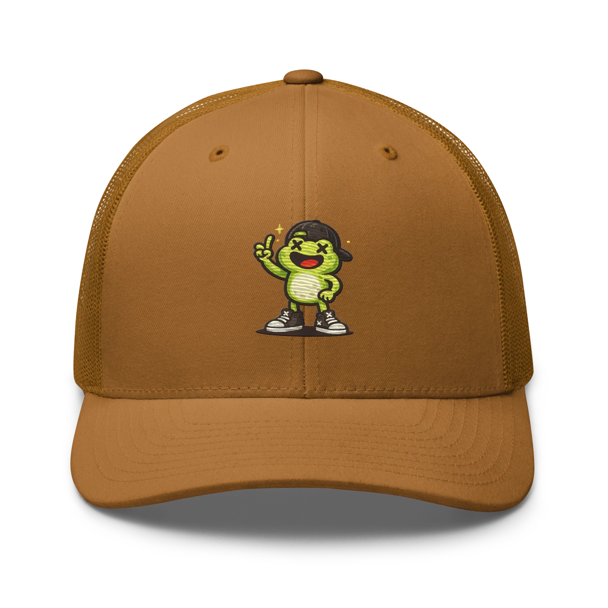 Gorra trucker retro caramelo Doozy Headwear con dibujo de personaje verde y gorra negra