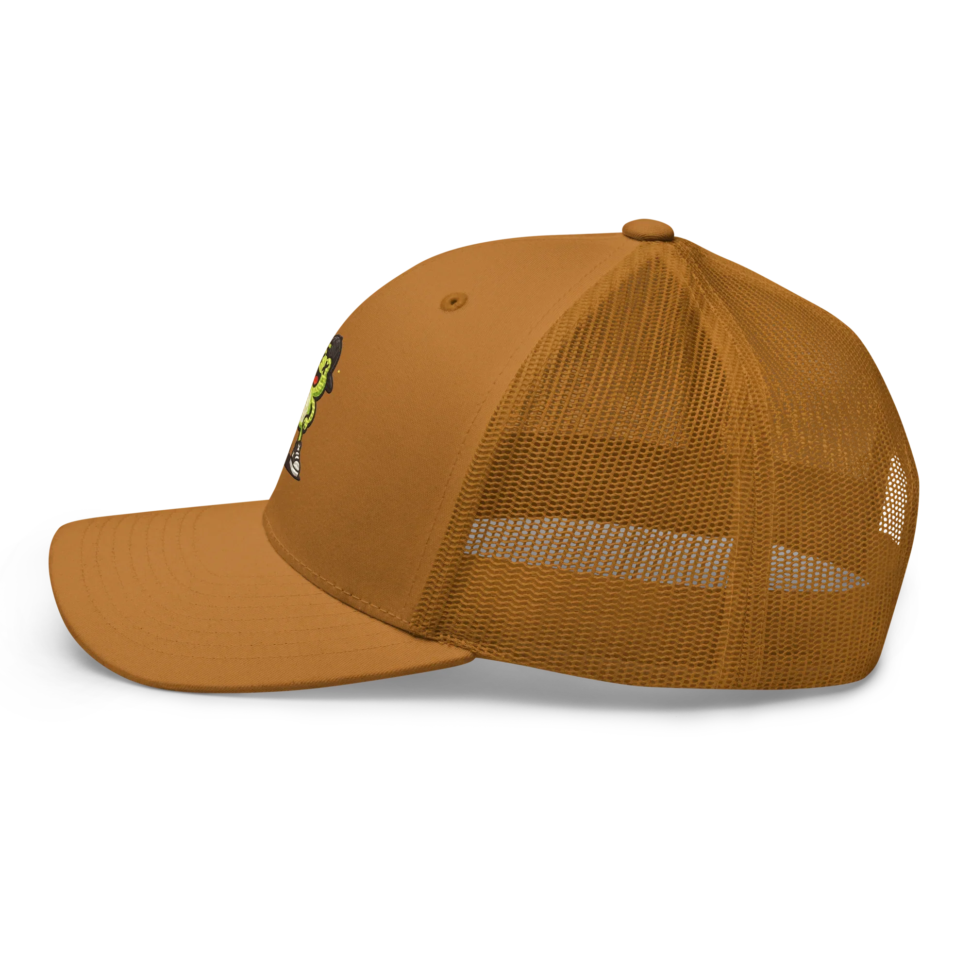 Gorra retro trucker color caramelo de malla, lateral izquierdo, Doozy Headwear