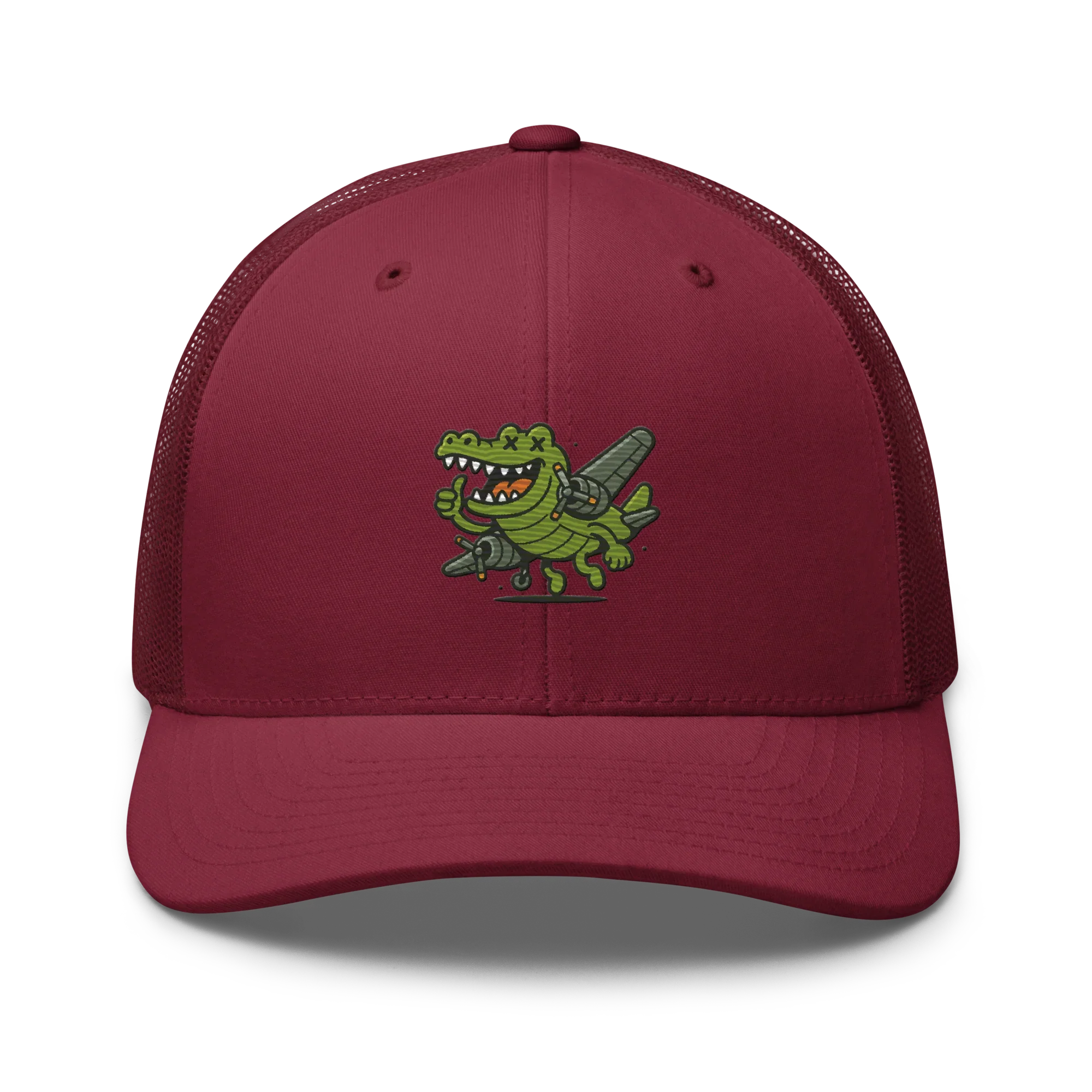 Gorra retro trucker Doozy Headwear color arándano con dibujo de cocodrilo y misiles