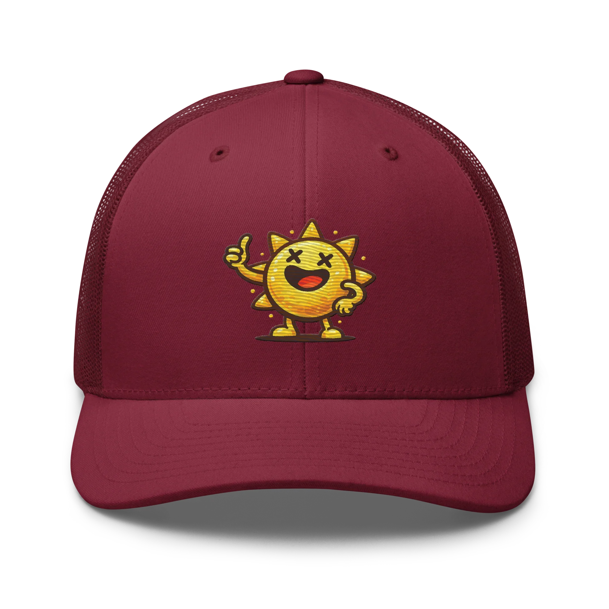 Gorra trucker retro color arándano con sol sonriente bordado, Doozy Headwear