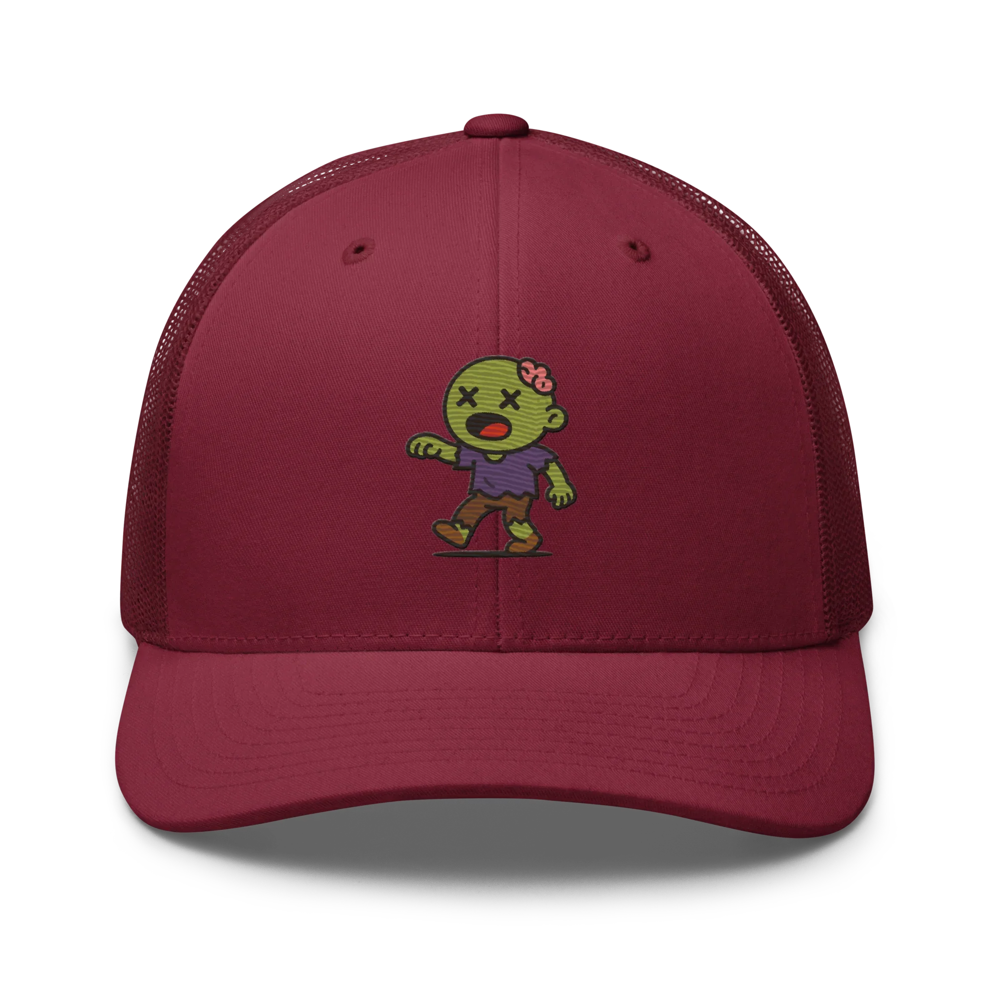 Gorra trucker retro Doozy Headwear color arándano con dibujo de zombi animado al frente