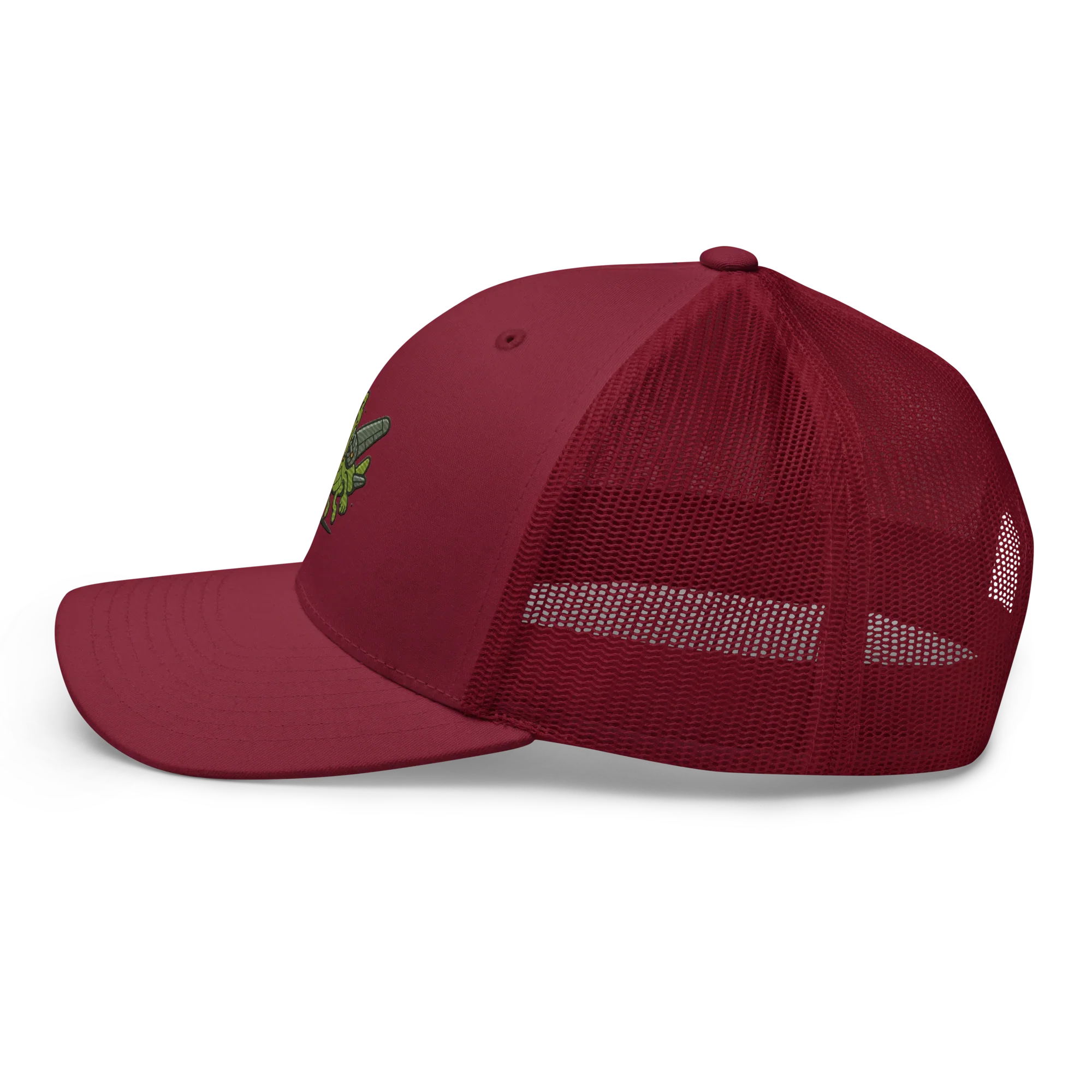 Gorra trucker retro color arándano de Doozy Headwear, visera plana y malla lateral.