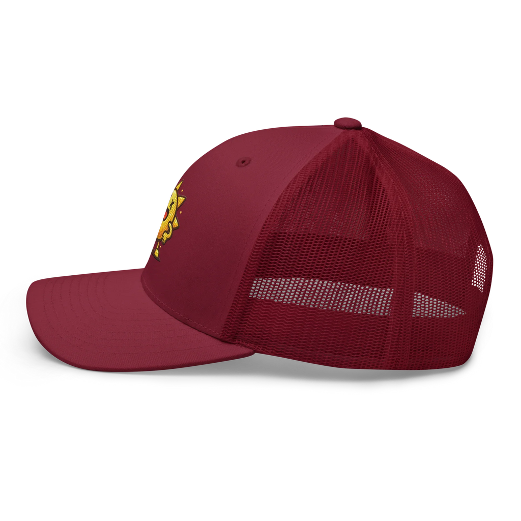 Gorra trucker retro burdeos Doozy Headwear con malla y diseño amarillo en el lateral