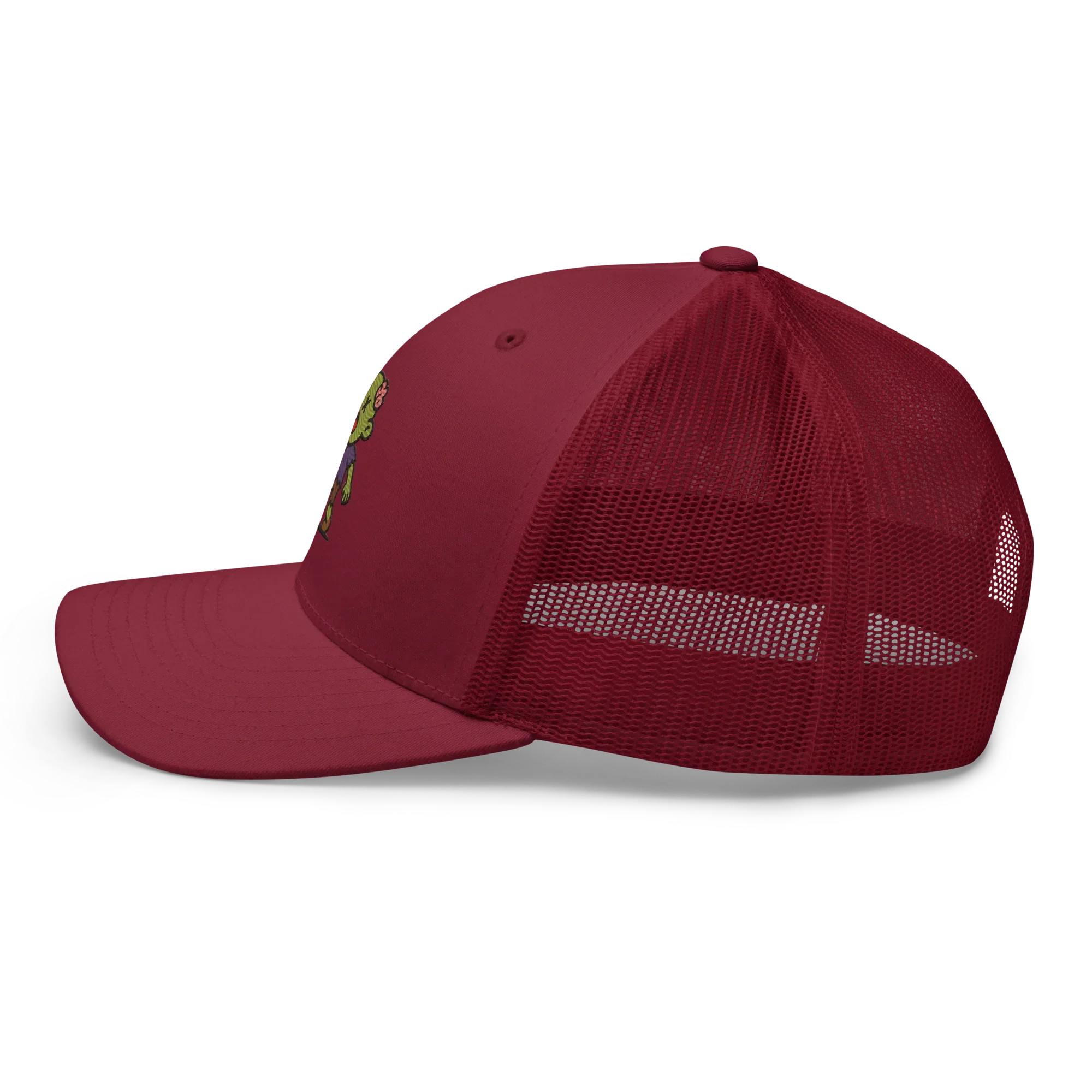 Gorra retro trucker cranberry de malla lateral dOOzy Headwear vista lateral izquierda