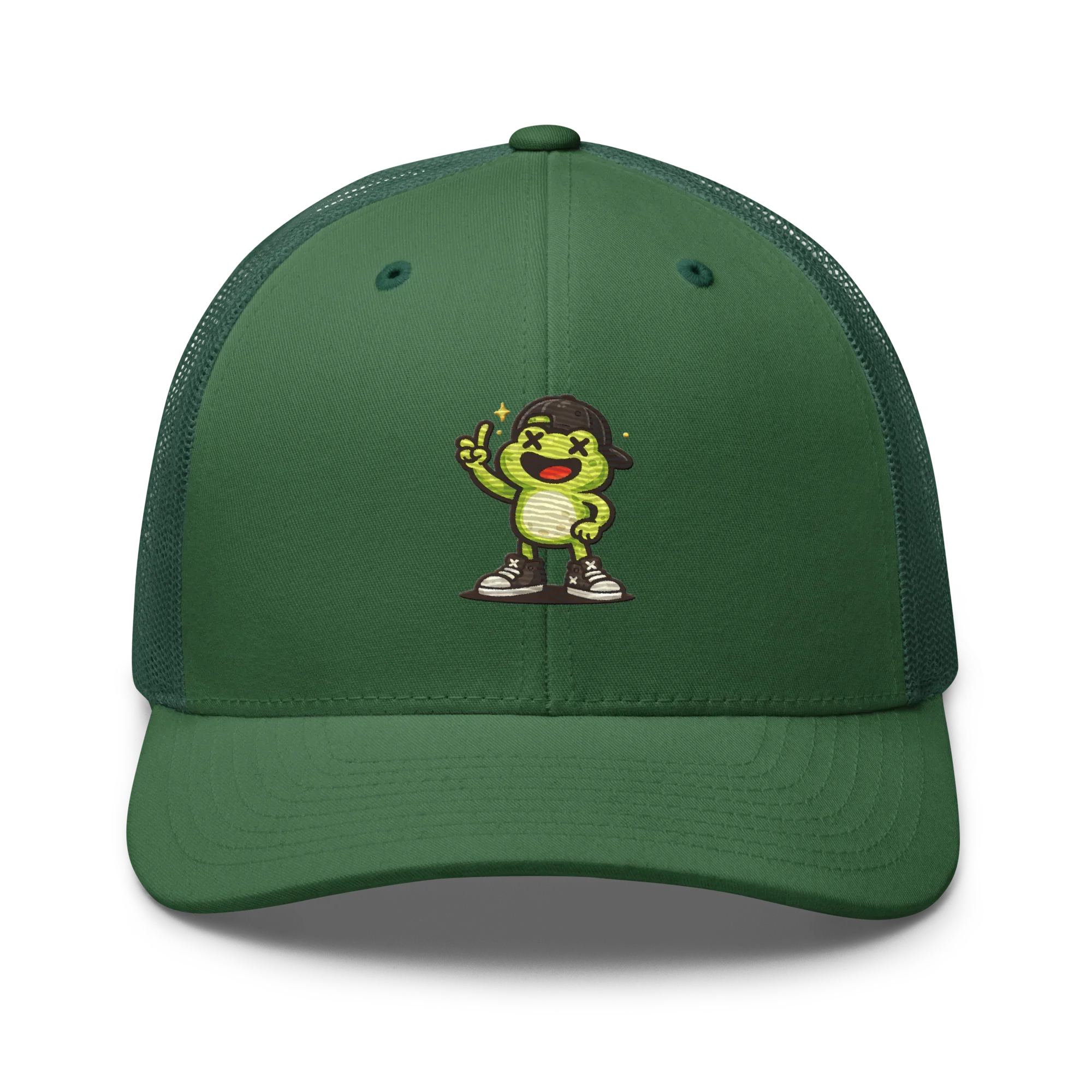 Gorra trucker verde Doozy Headwear con dibujo animado verde, malla y visera curva