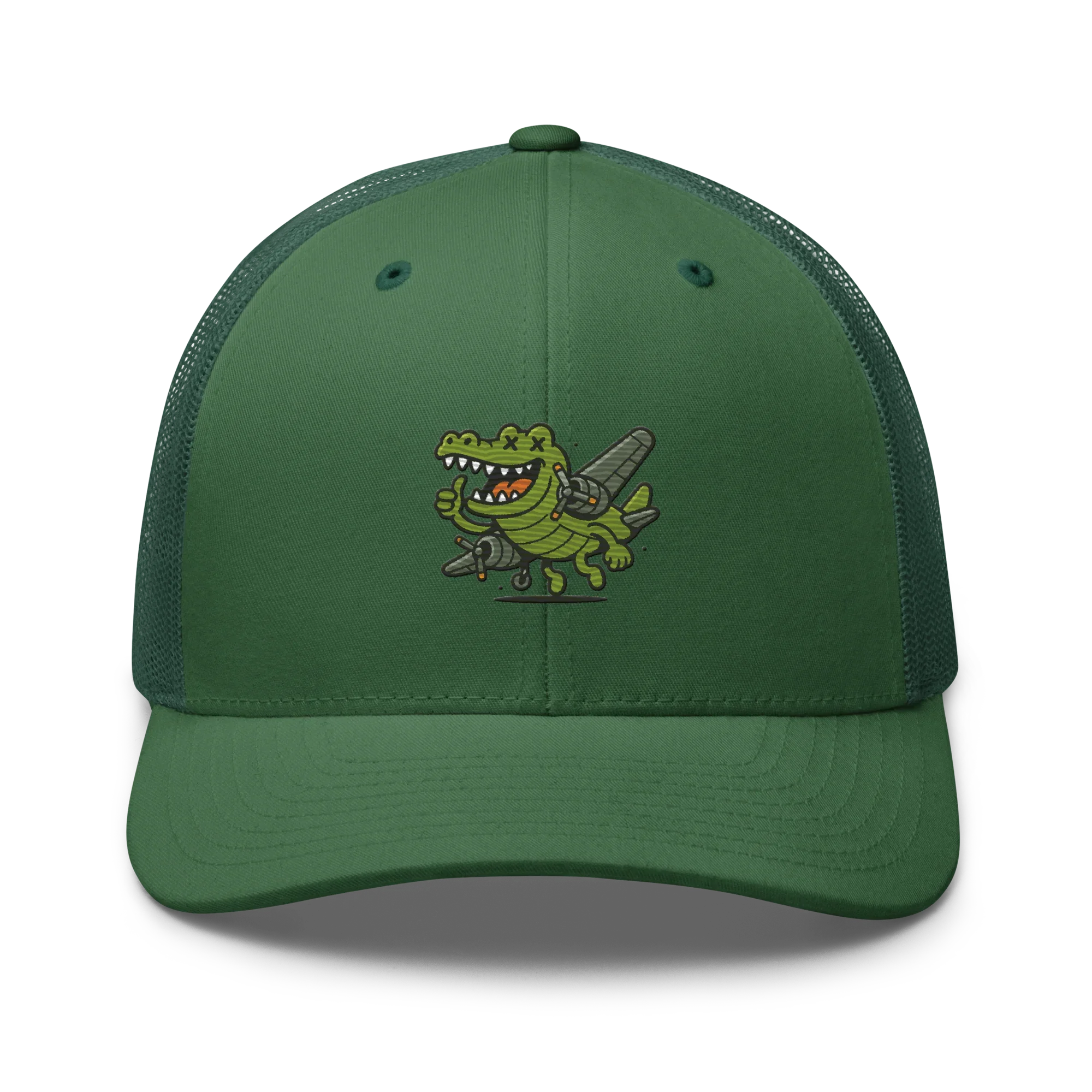 Gorra trucker verde Doozy Headwear con dibujo de cocodrilo retro y avión en el frente