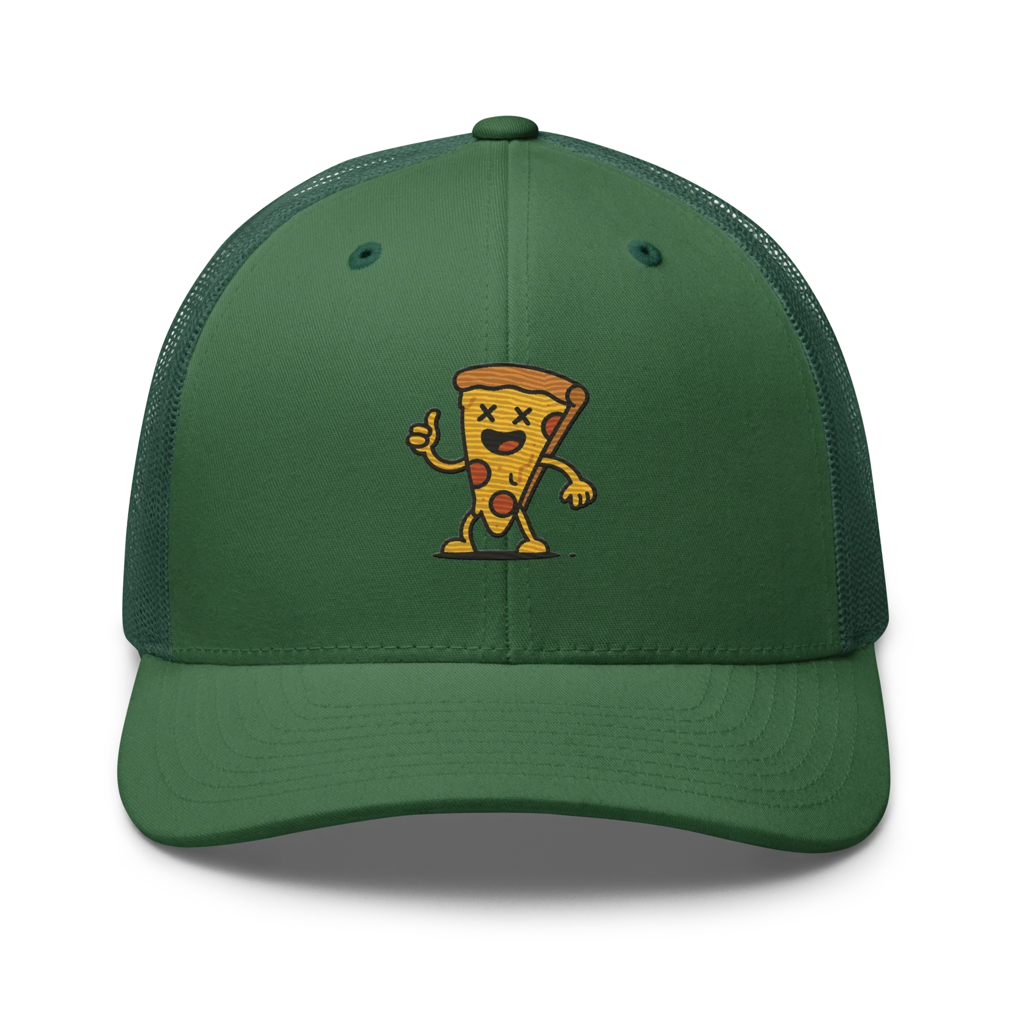 Gorra trucker verde Doozy Headwear con dibujo de pizza animada al frente