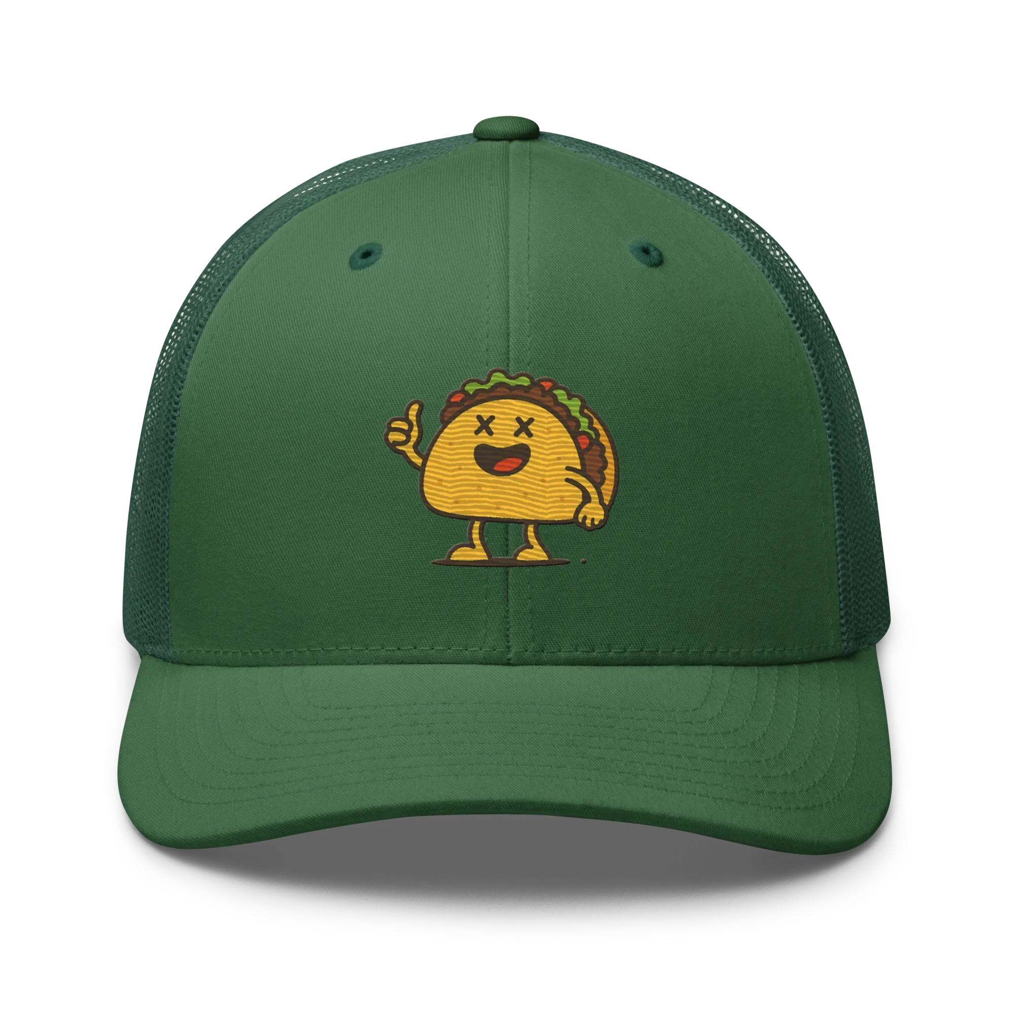 Gorra trucker verde Doozy Headwear con dibujo de taco sonriente bordado al frente