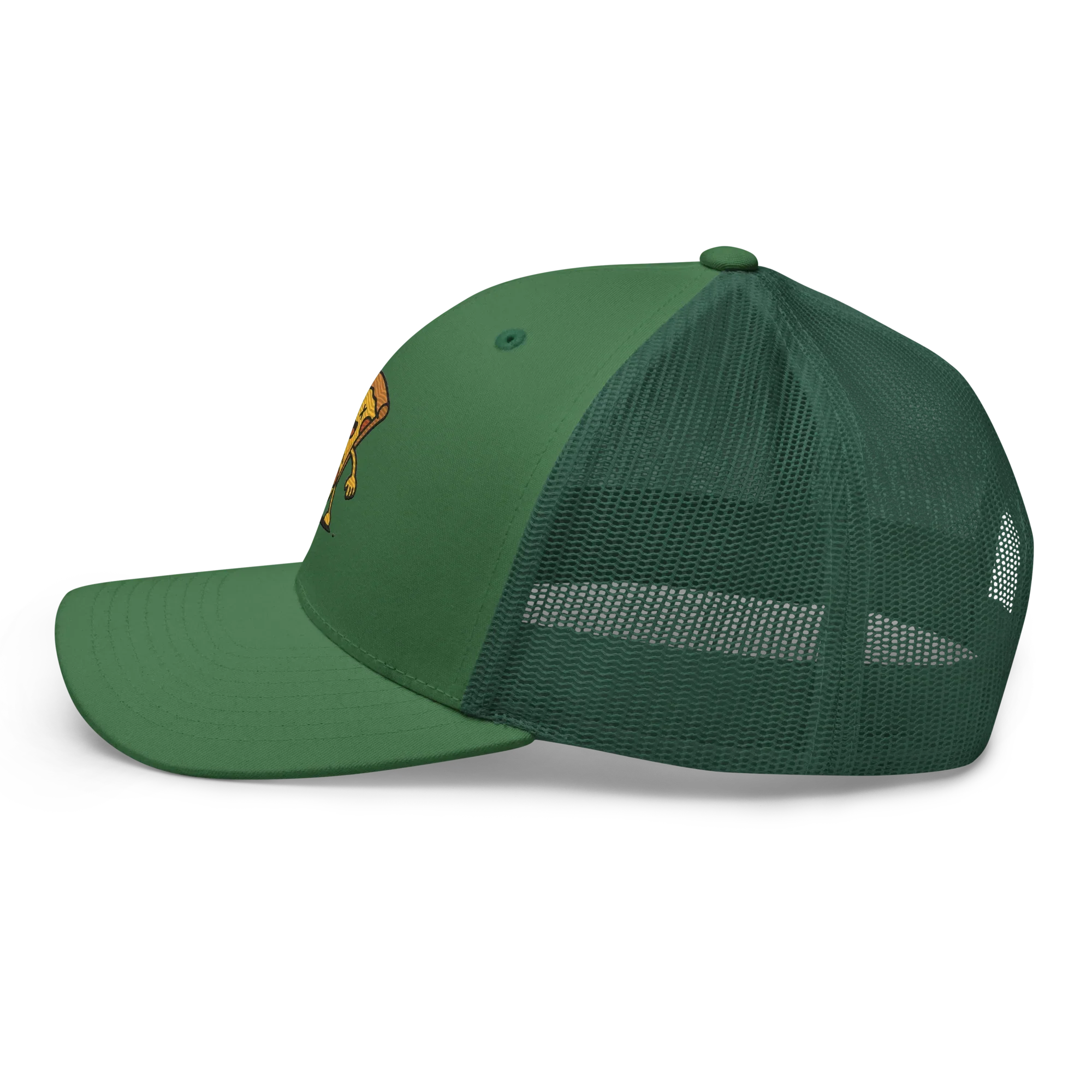Gorra trucker verde retro de Doozy Headwear, visera curva y malla lateral, estilo urbano.