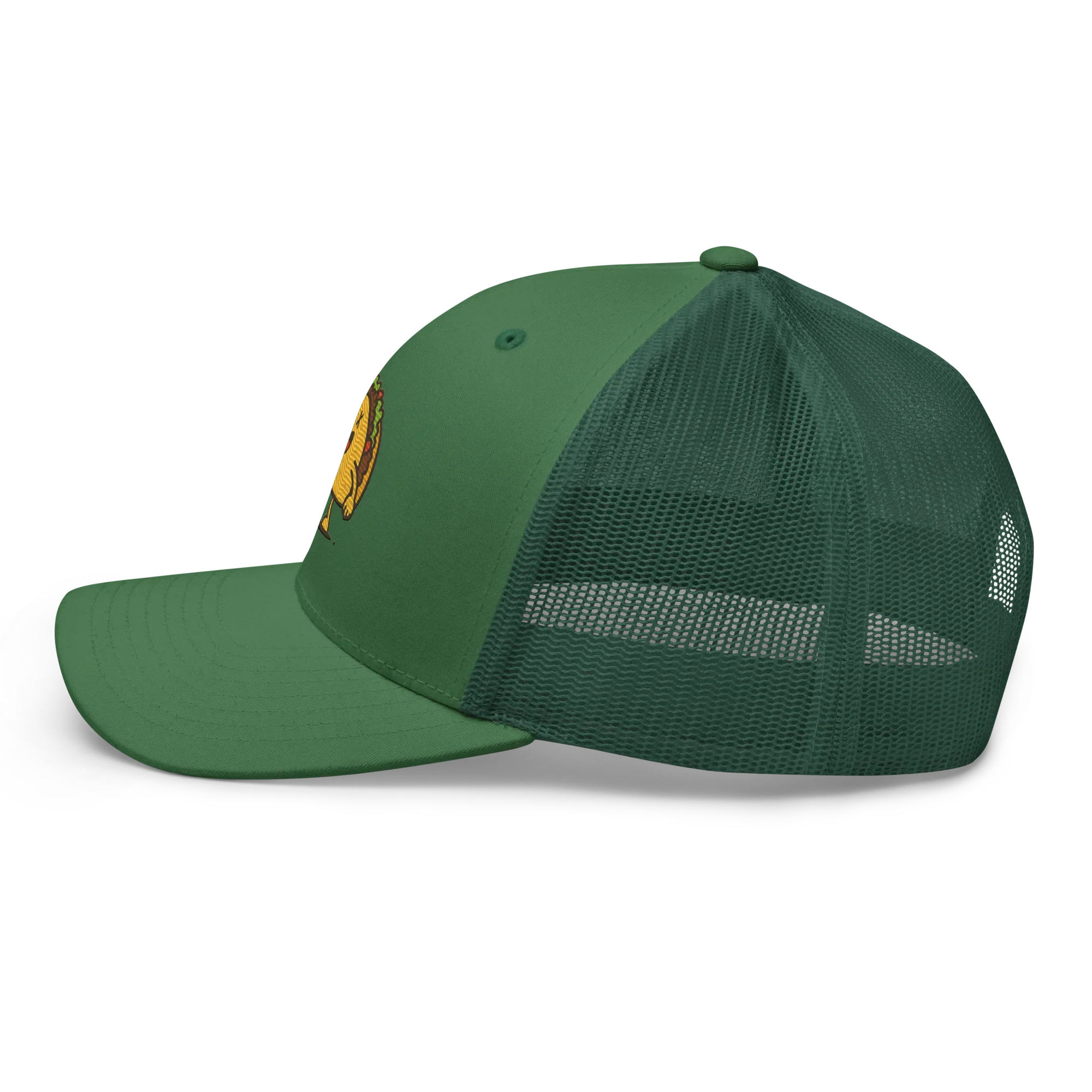 Gorra trucker retro verde, logo dOOzy Headwear, visera curva, malla trasera