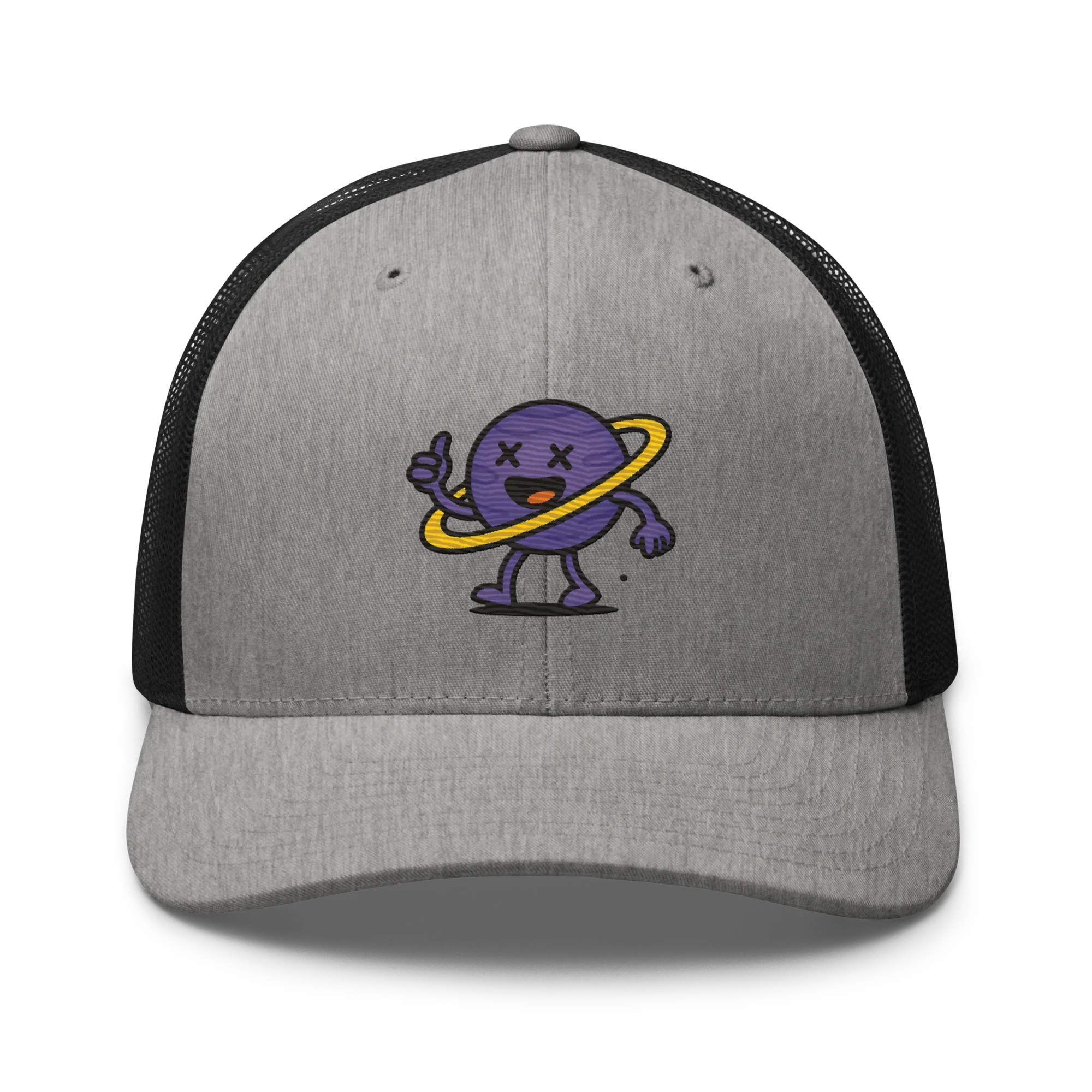 Gorra retro trucker Doozy Headwear gris con dibujo de planeta animado y aro amarillo