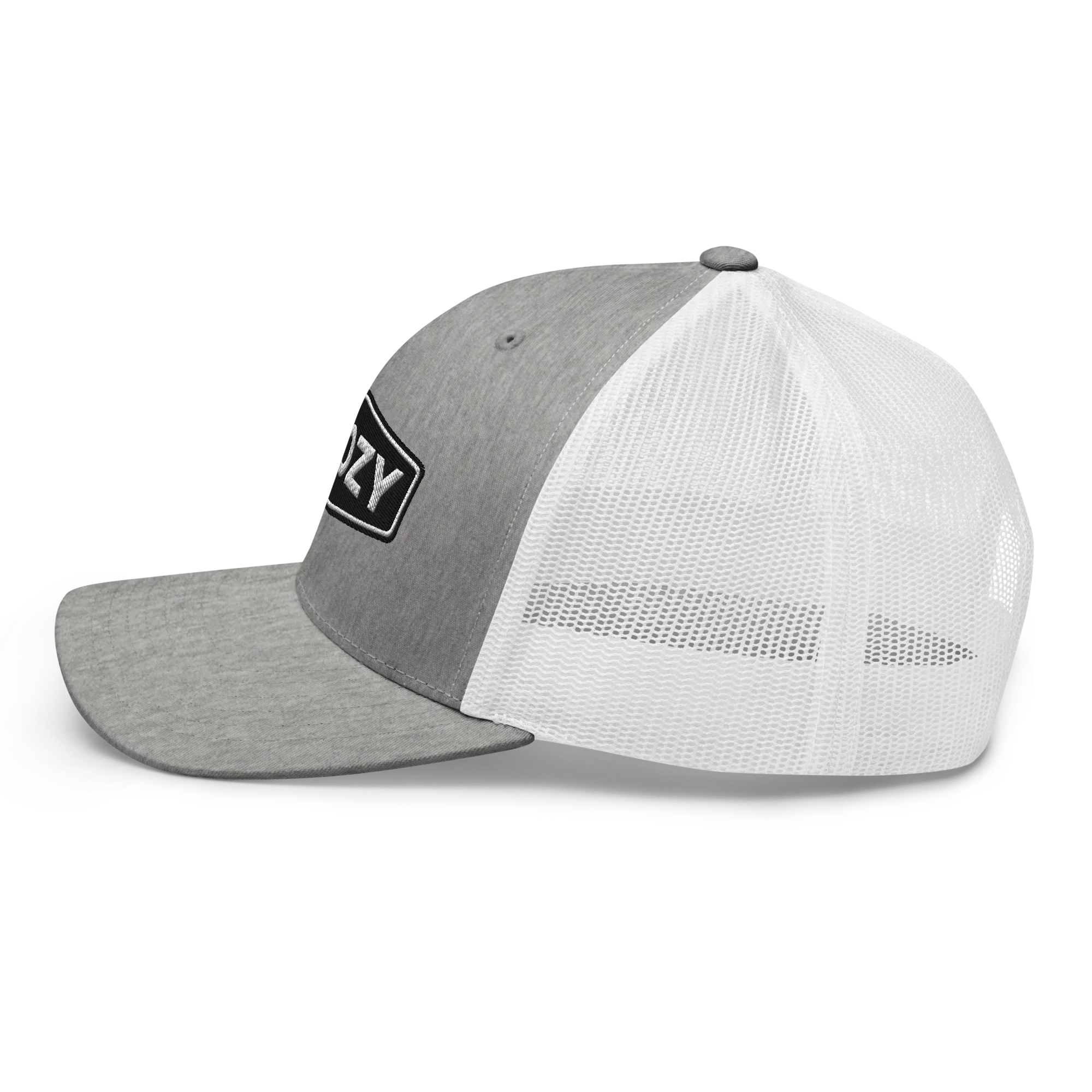 Gorra retro trucker gris jaspeado y blanca con logo Doozy Headwear, vista lateral izquierda