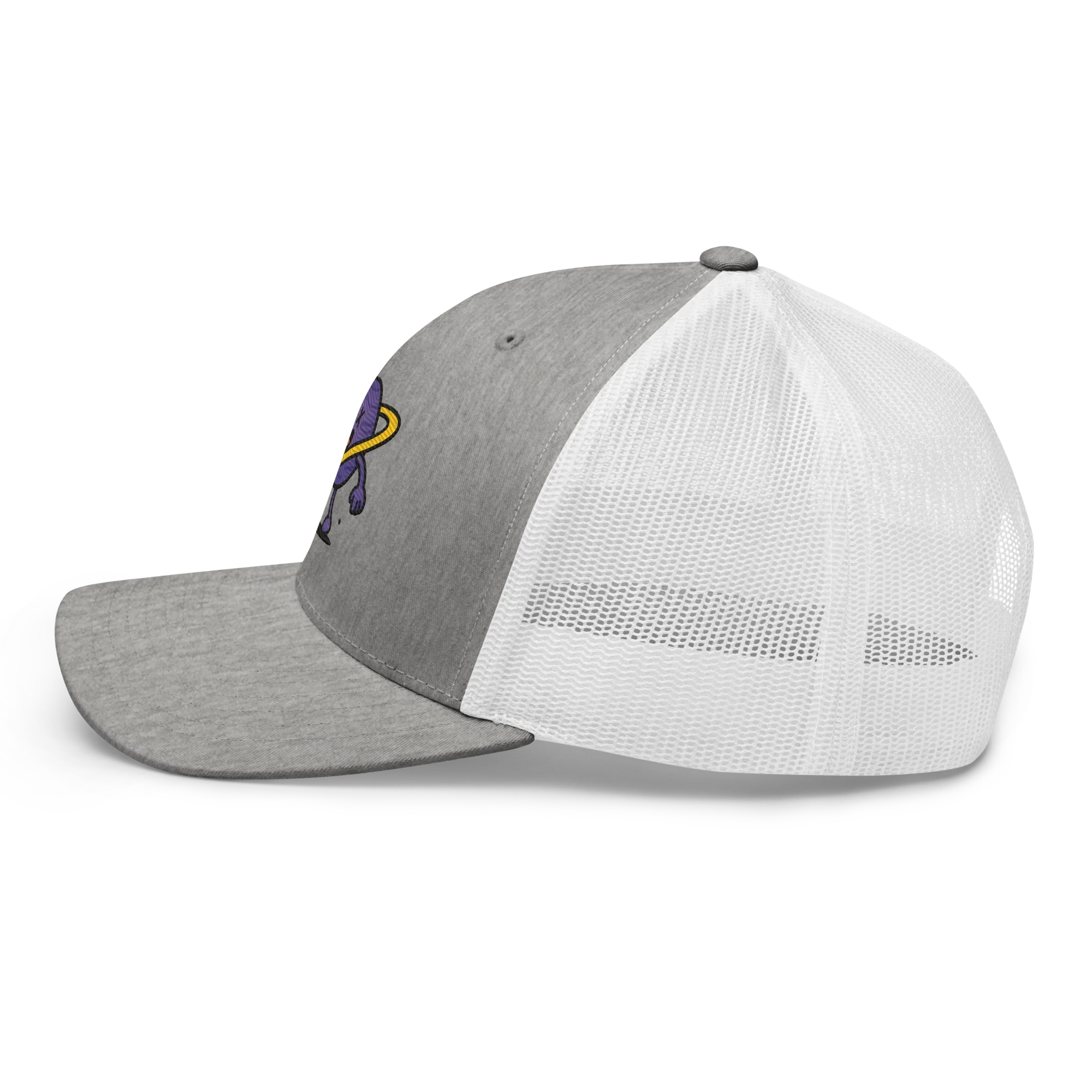 Gorra trucker gris y blanca Doozy Headwear estilo retro con visera plana y malla trasera