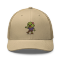 Gorra trucker retro beige Doozy Headwear con dibujo de zombie animado en el frente