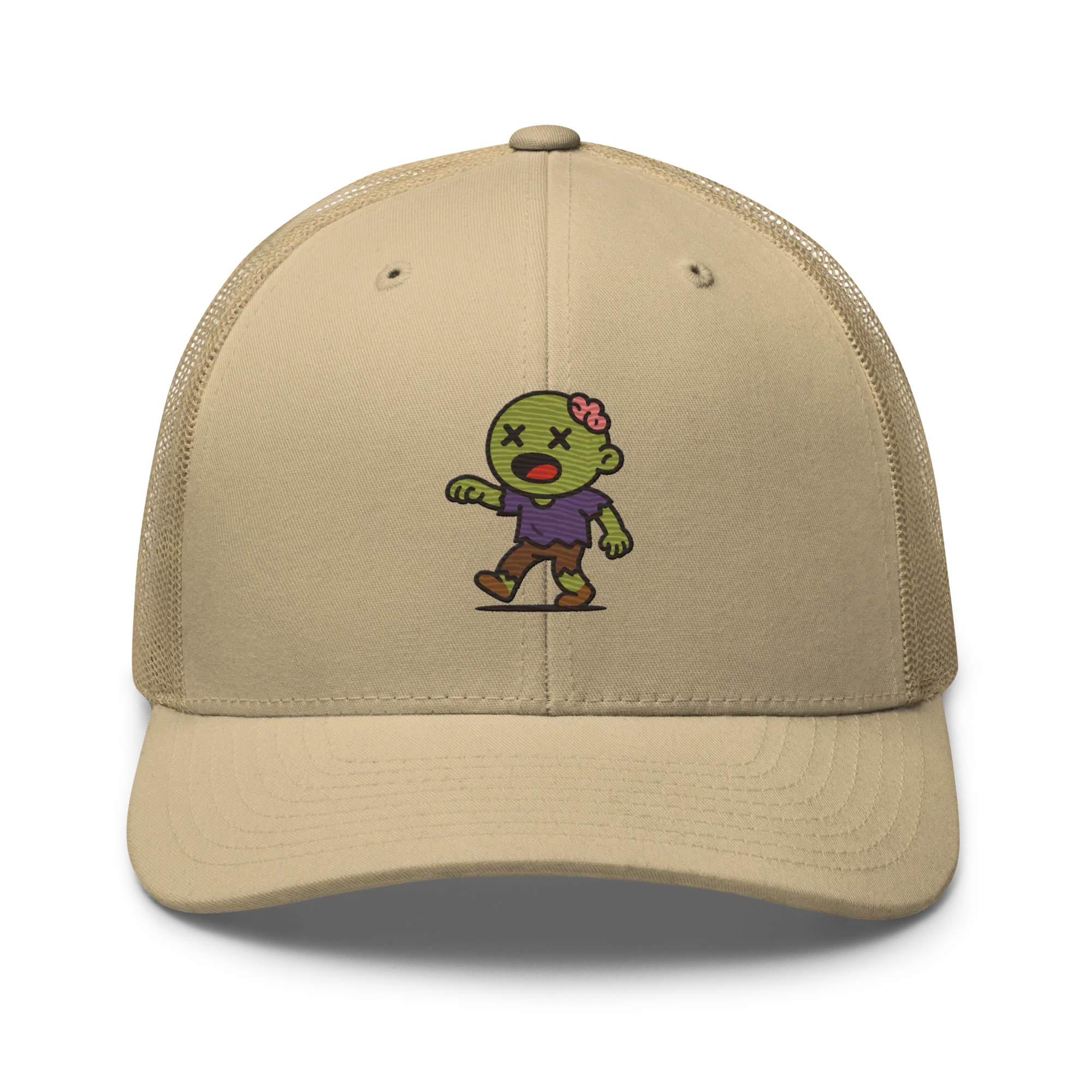 Gorra trucker retro beige Doozy Headwear con dibujo de zombie animado en el frente