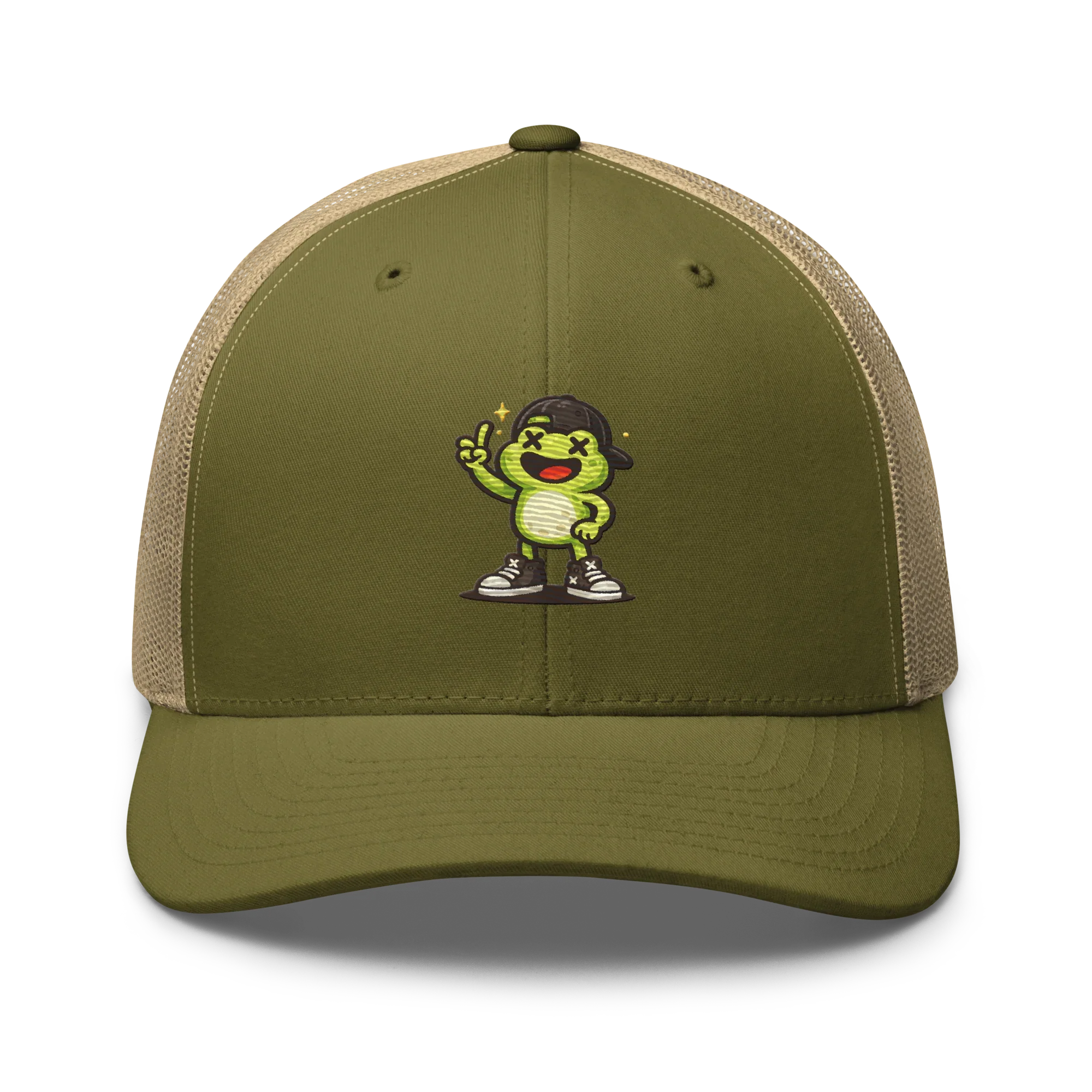 Gorra retro trucker verde Doozy Headwear con malla beige y dibujo de personaje animado