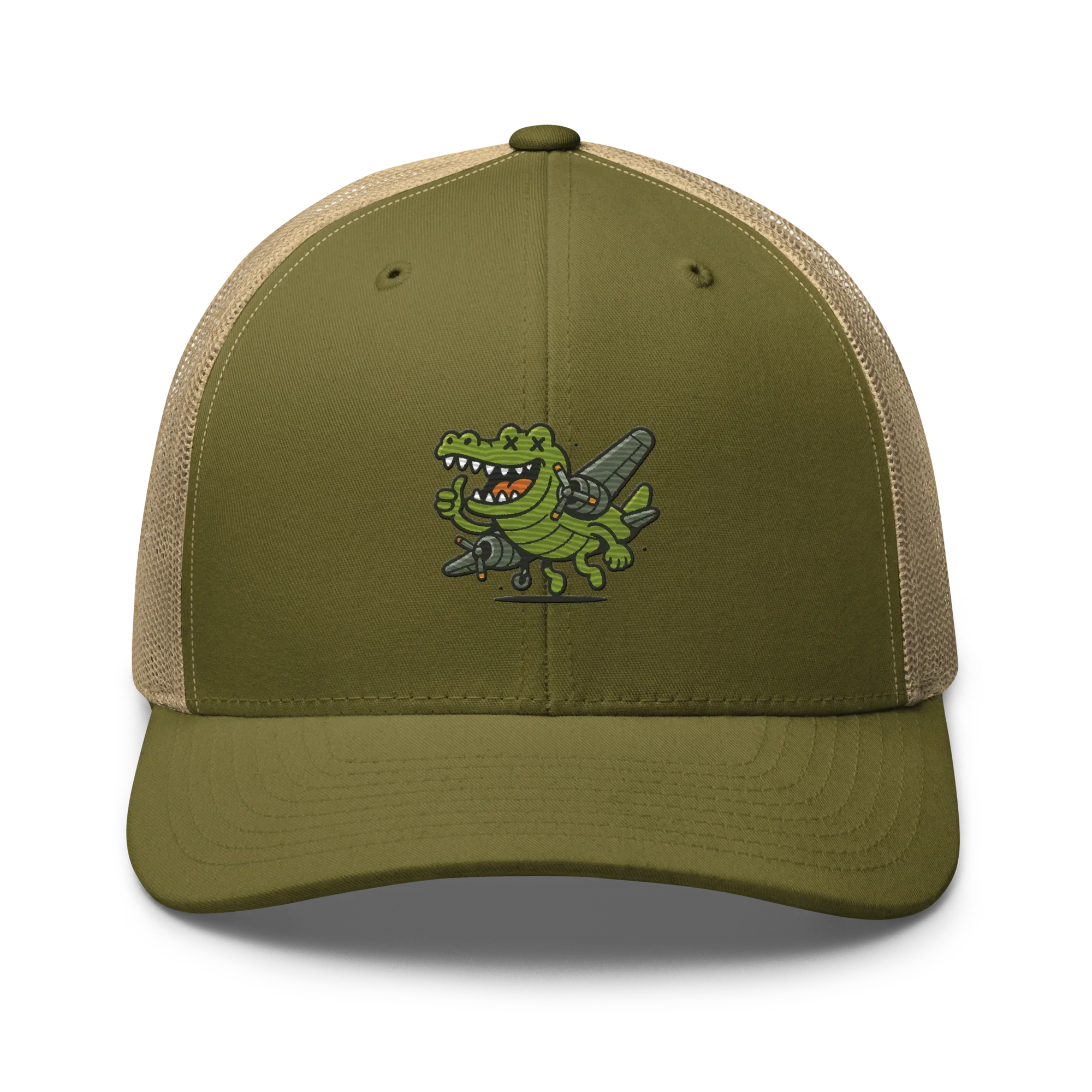 Gorra trucker retro verde caqui Doozy Headwear con cocodrilo caricatura al frente