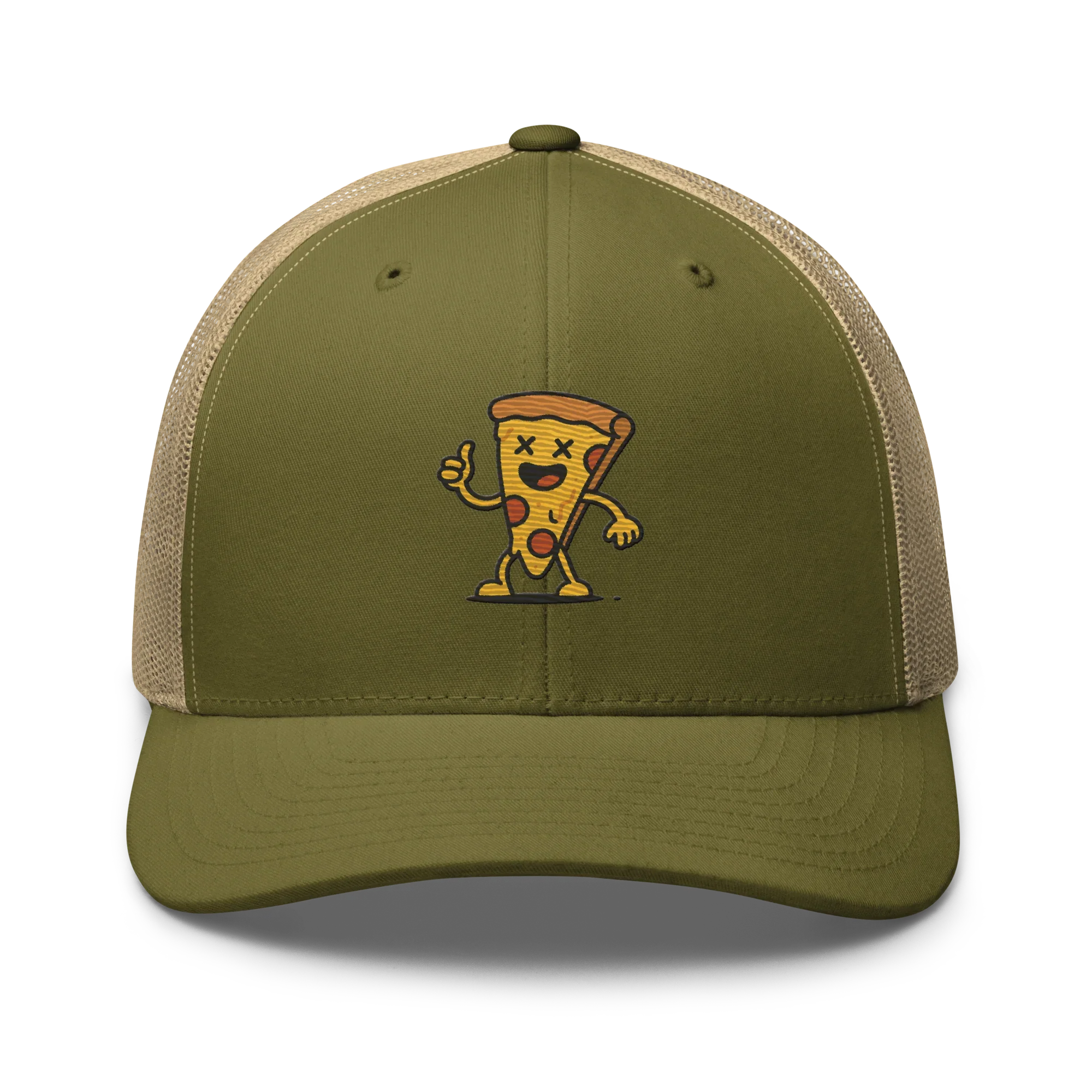 Gorra trucker retro Doozy Headwear verde musgo con paneles beige y dibujo de pizza animada