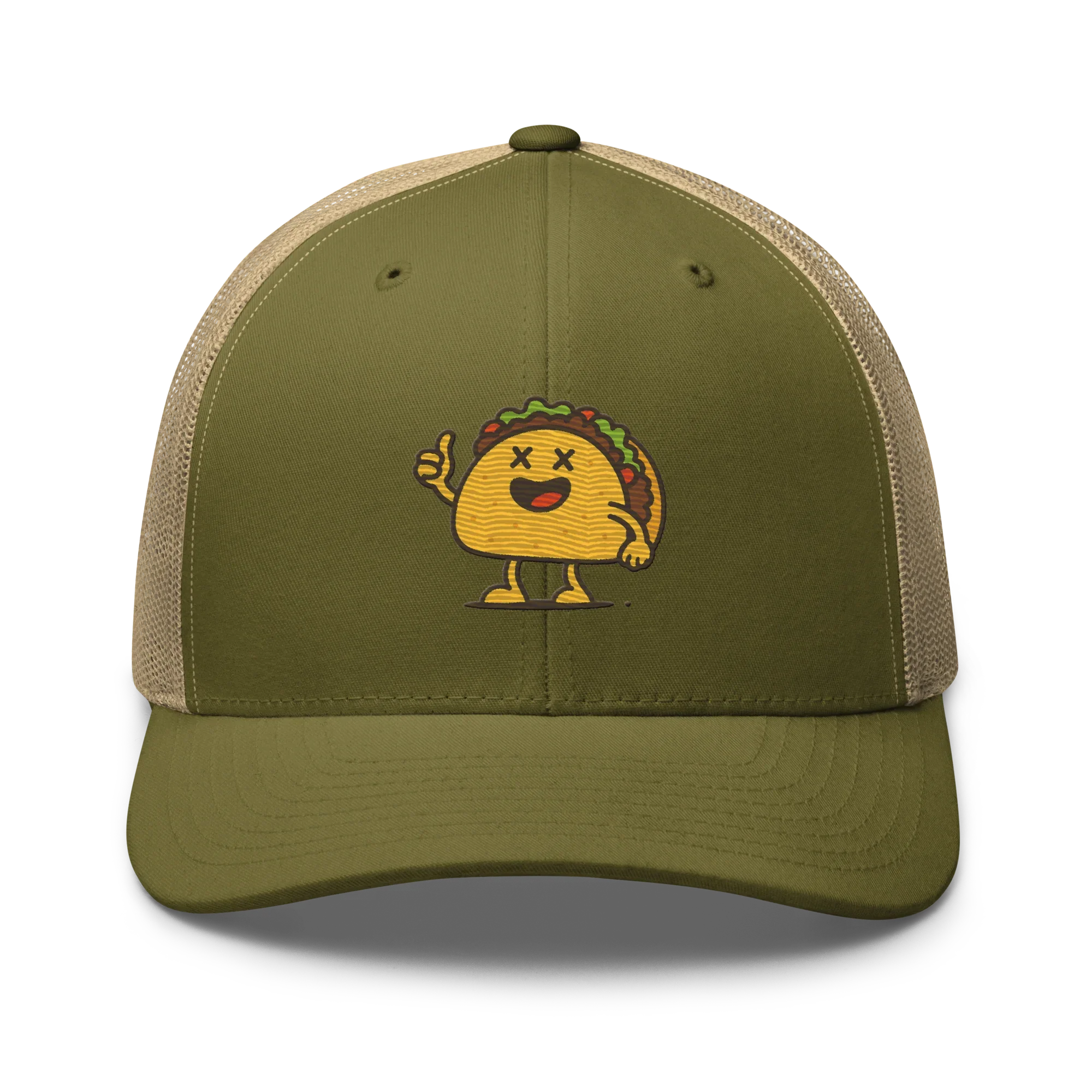Gorra trucker retro Doozy Headwear verde musgo con taco sonriente bordado al frente