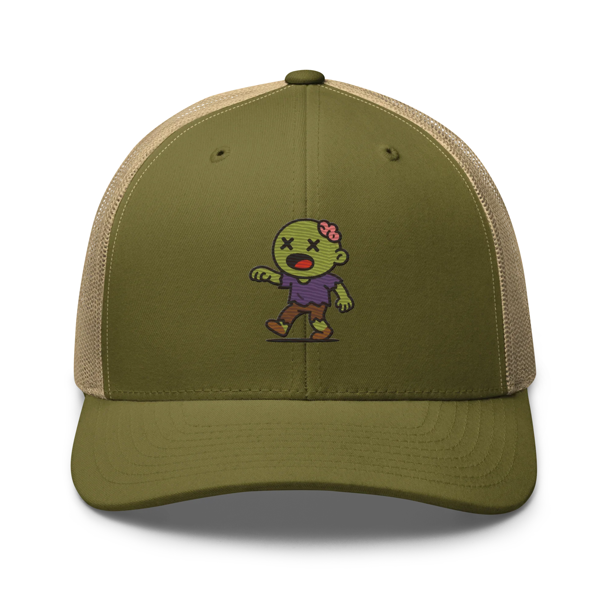 Gorra trucker retro verde caqui Doozy Headwear con dibujo de zombi animado en el frente