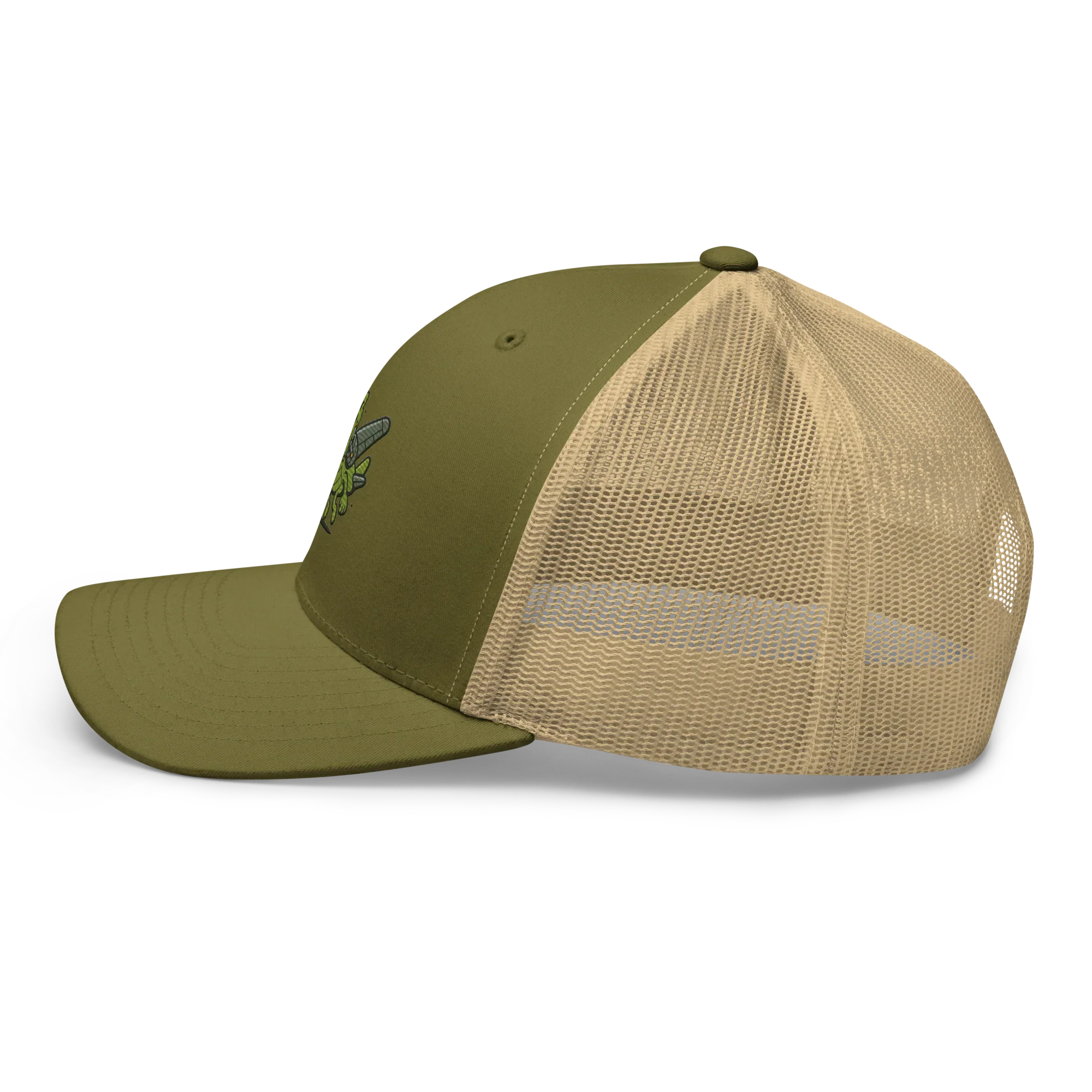 Gorra tipo trucker retro Doozy Headwear verde musgo con malla beige, vista lateral