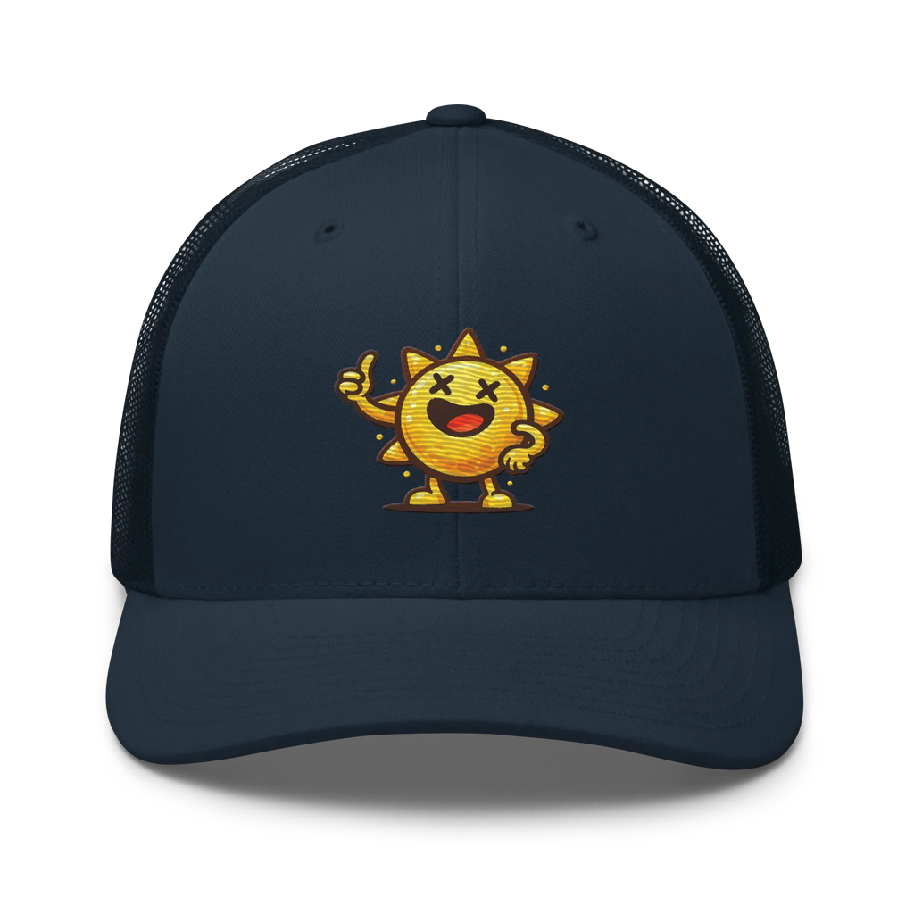 Gorra trucker azul marino Doozy Headwear con sol animado amarillo bordado al frente