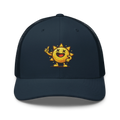 Gorra trucker azul marino Doozy Headwear con sol animado amarillo bordado al frente