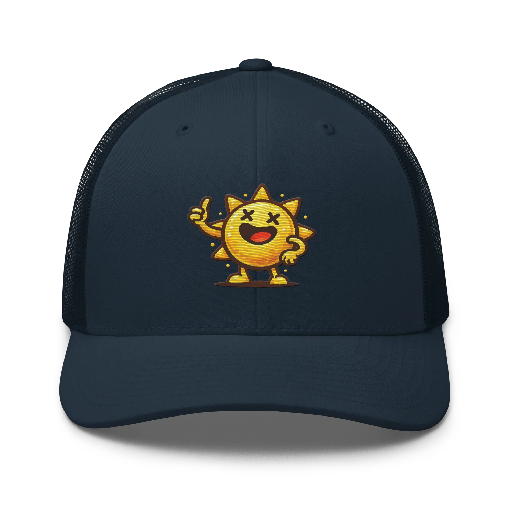 Gorra trucker azul marino Doozy Headwear con sol animado amarillo bordado al frente