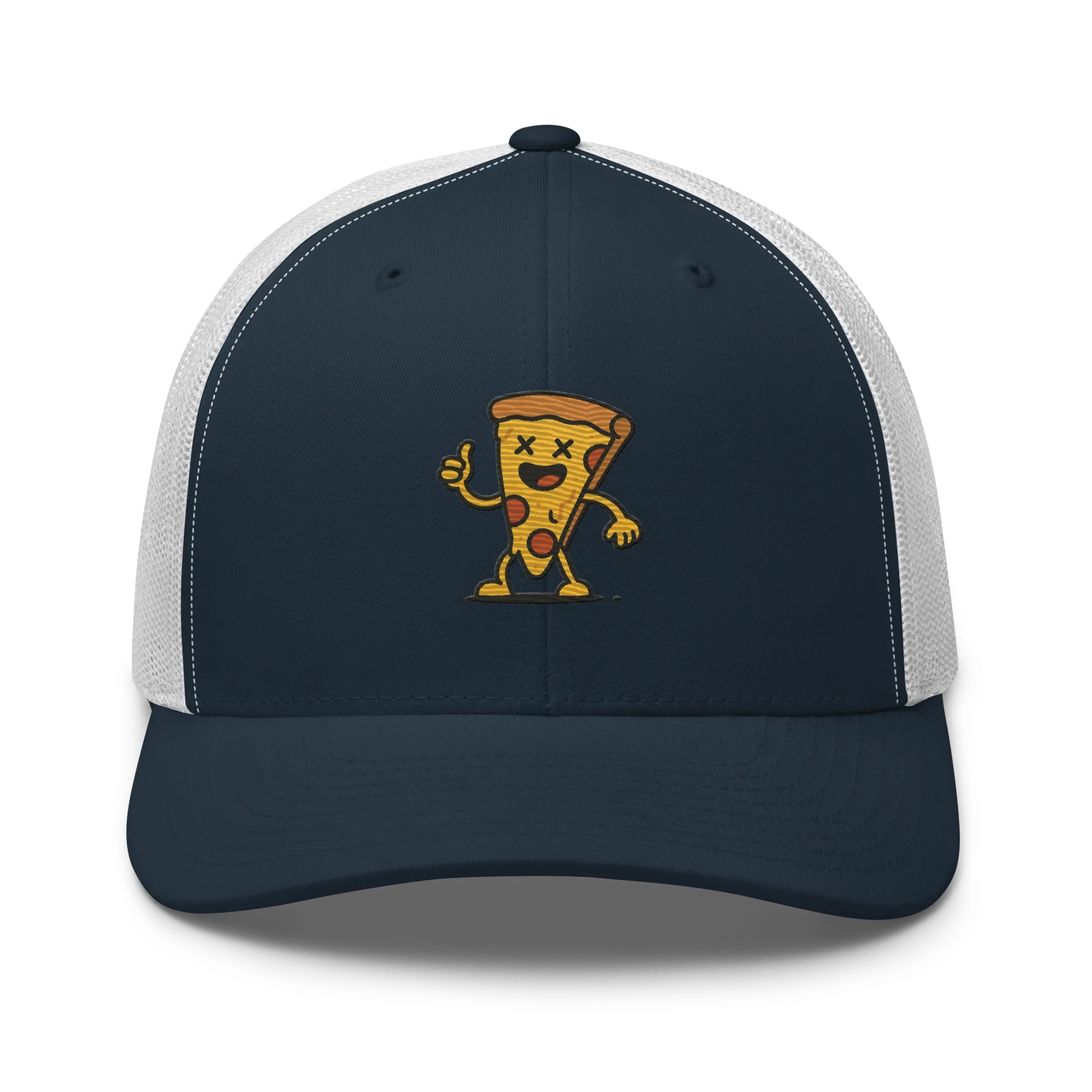 Gorra retro trucker azul marino y blanca con dibujo de pizza animada, Doozy Headwear