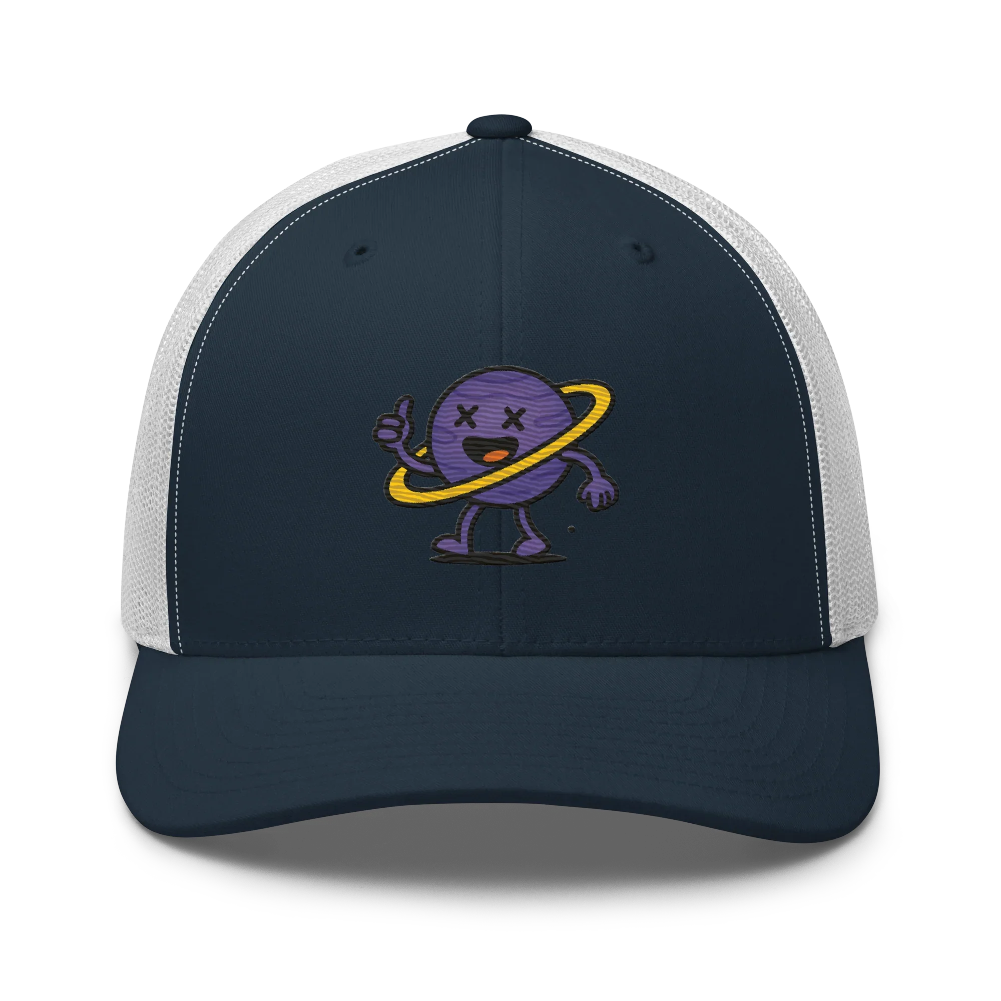 Gorra trucker retro azul marino y blanca Doozy Headwear con planeta animado bordado.
