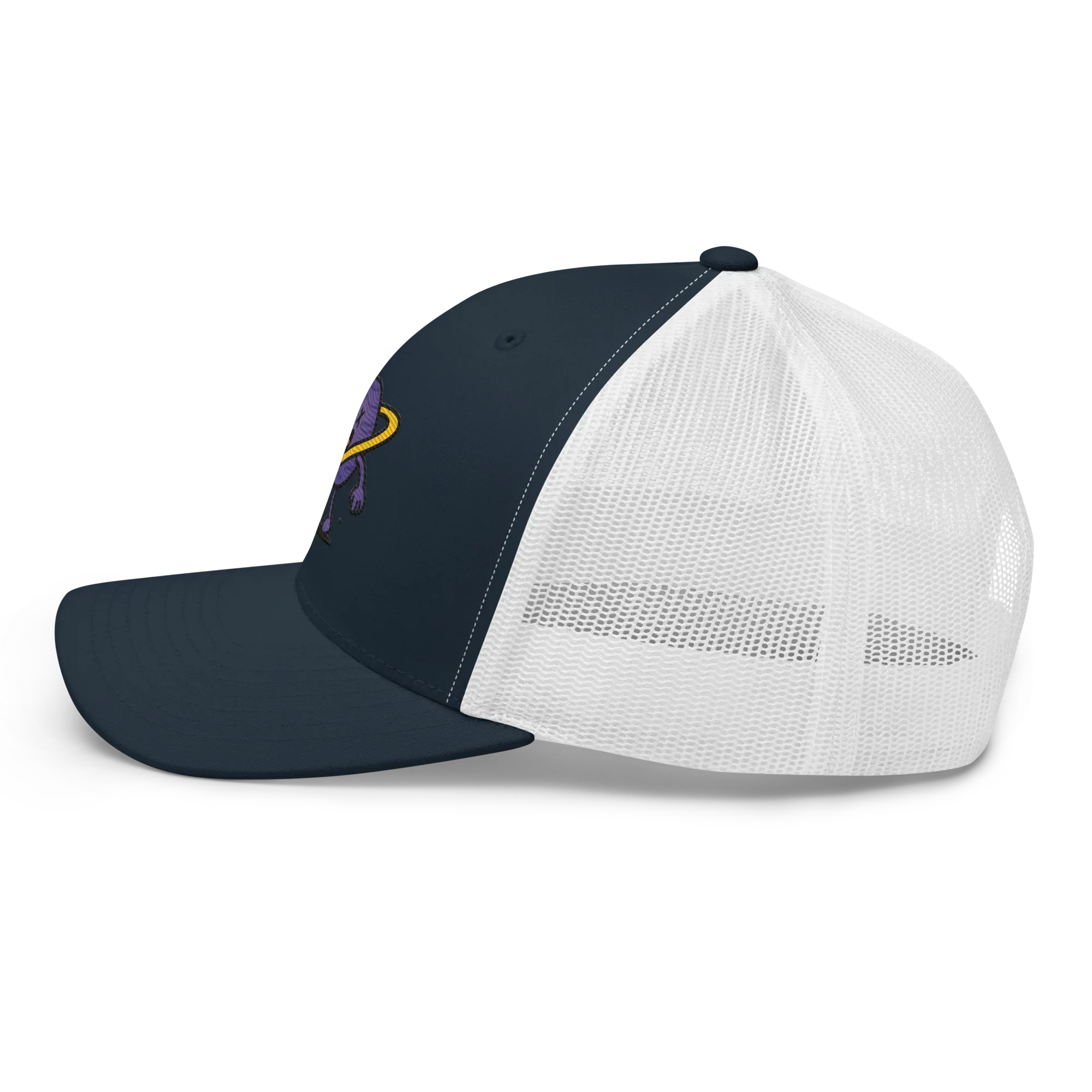 Gorra retro trucker azul marino y blanca Doozy Headwear, paneles de malla, logo bordado visible
