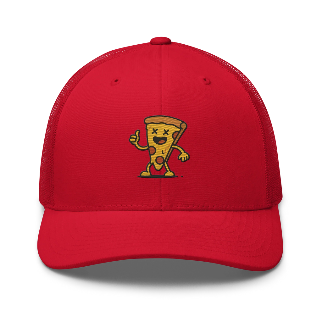 Gorra trucker roja Doozy Headwear con logo de pizza animada al frente