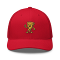 Gorra trucker roja Doozy Headwear con logo de pizza animada al frente
