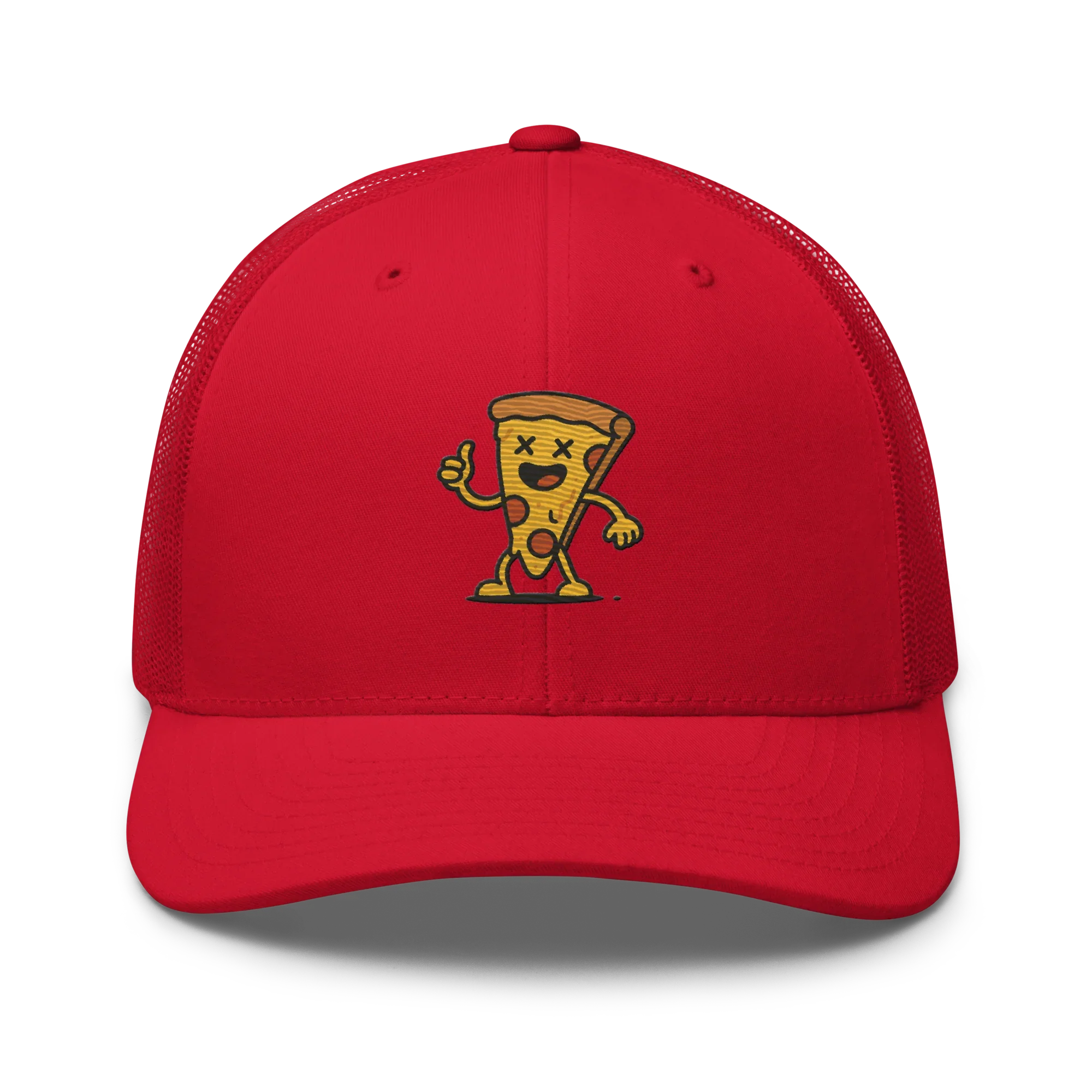 Gorra trucker roja Doozy Headwear con logo de pizza animada al frente