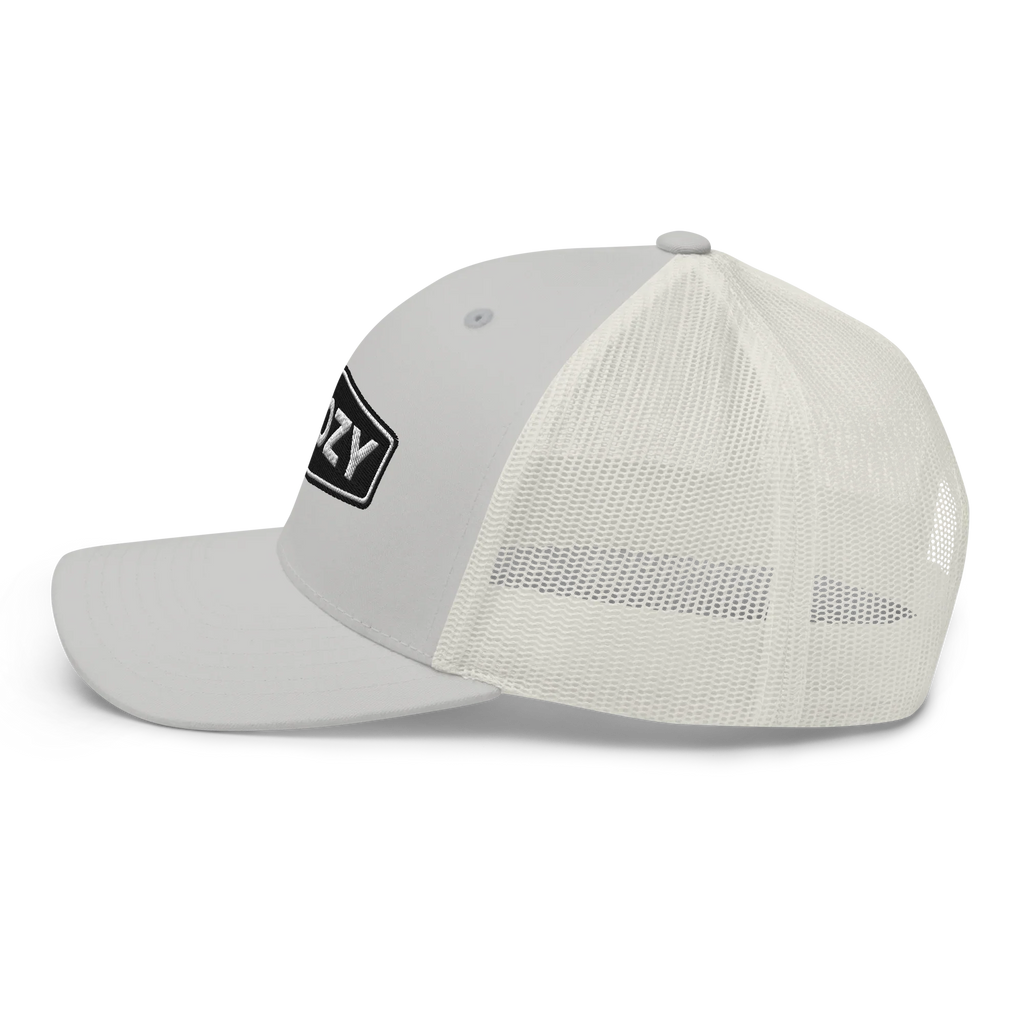 Gorra retro trucker plateada Doozy Headwear con malla blanca y logo dOOzy al frente