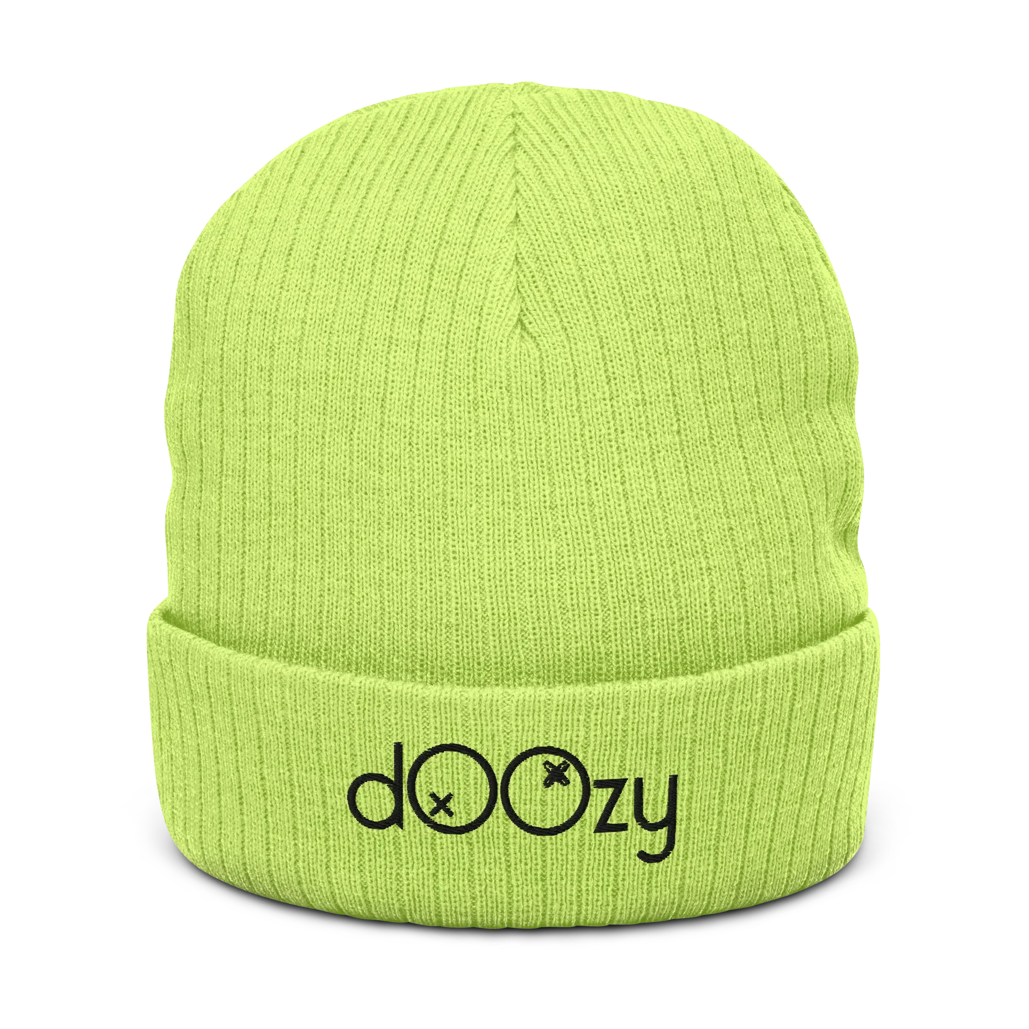 Gorro de punto acanalado verde ácido con logo Doozy Headwear en el frente, dOOzy brand