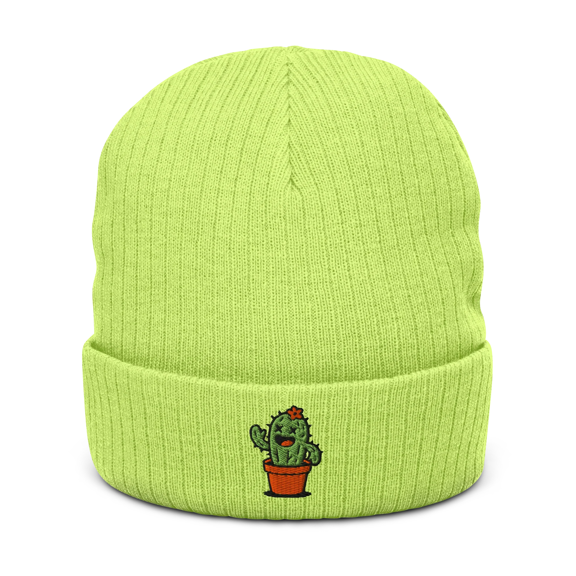 Gorro de punto acanalado verde ácido con bordado de cactus Doozy Headwear
