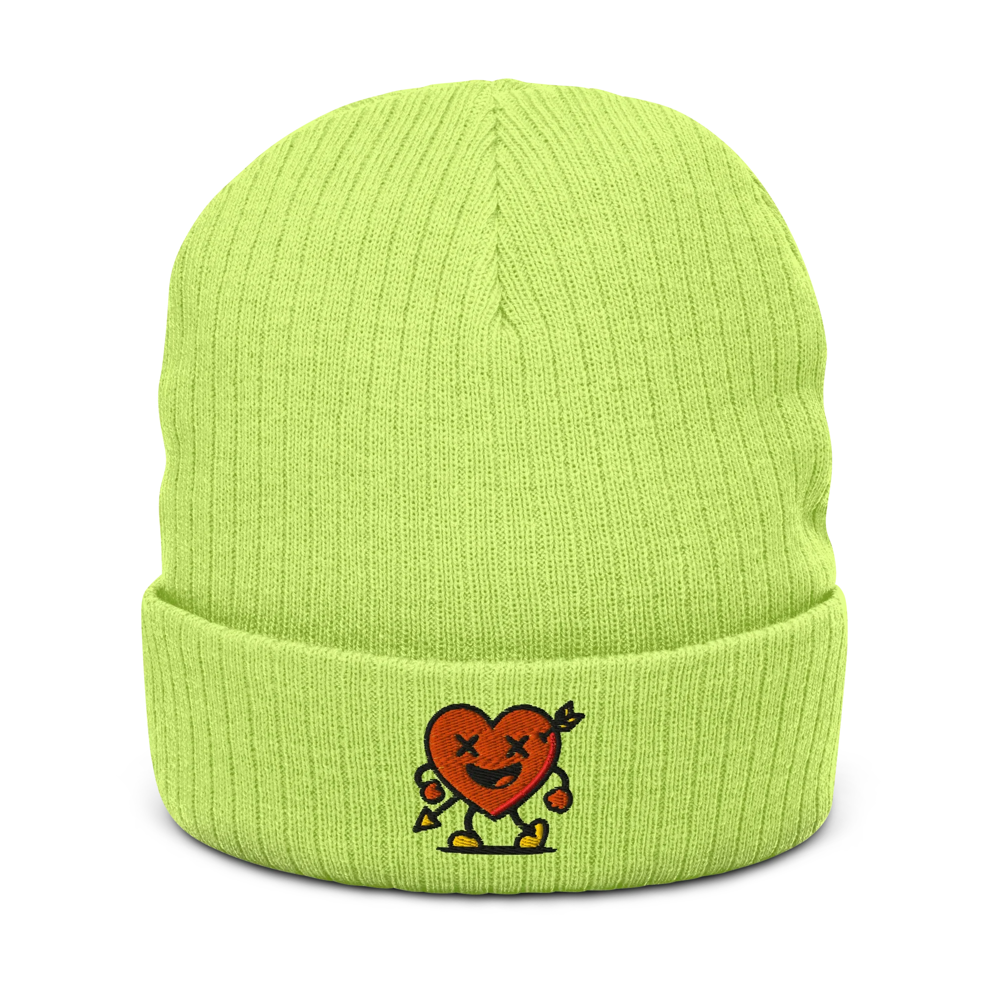 Gorro Doozy Headwear tejido acanalado verde ácido con logo de corazón bordado al frente