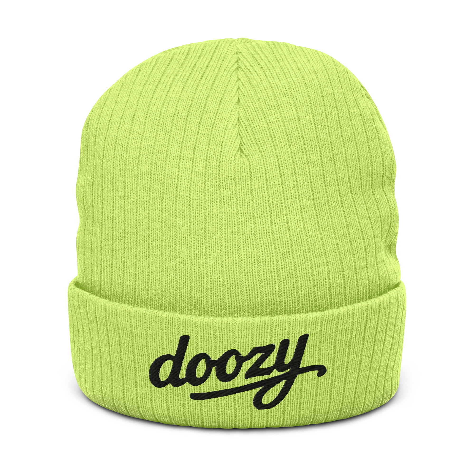 Gorro de punto acanalado verde ácido con logo doozy, Doozy Headwear tienda oficial