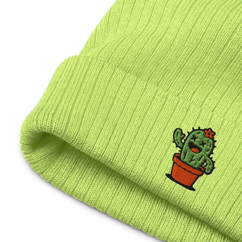 gorro tejido acanalado verde ácido Doozy Headwear con bordado de cactus en maceta