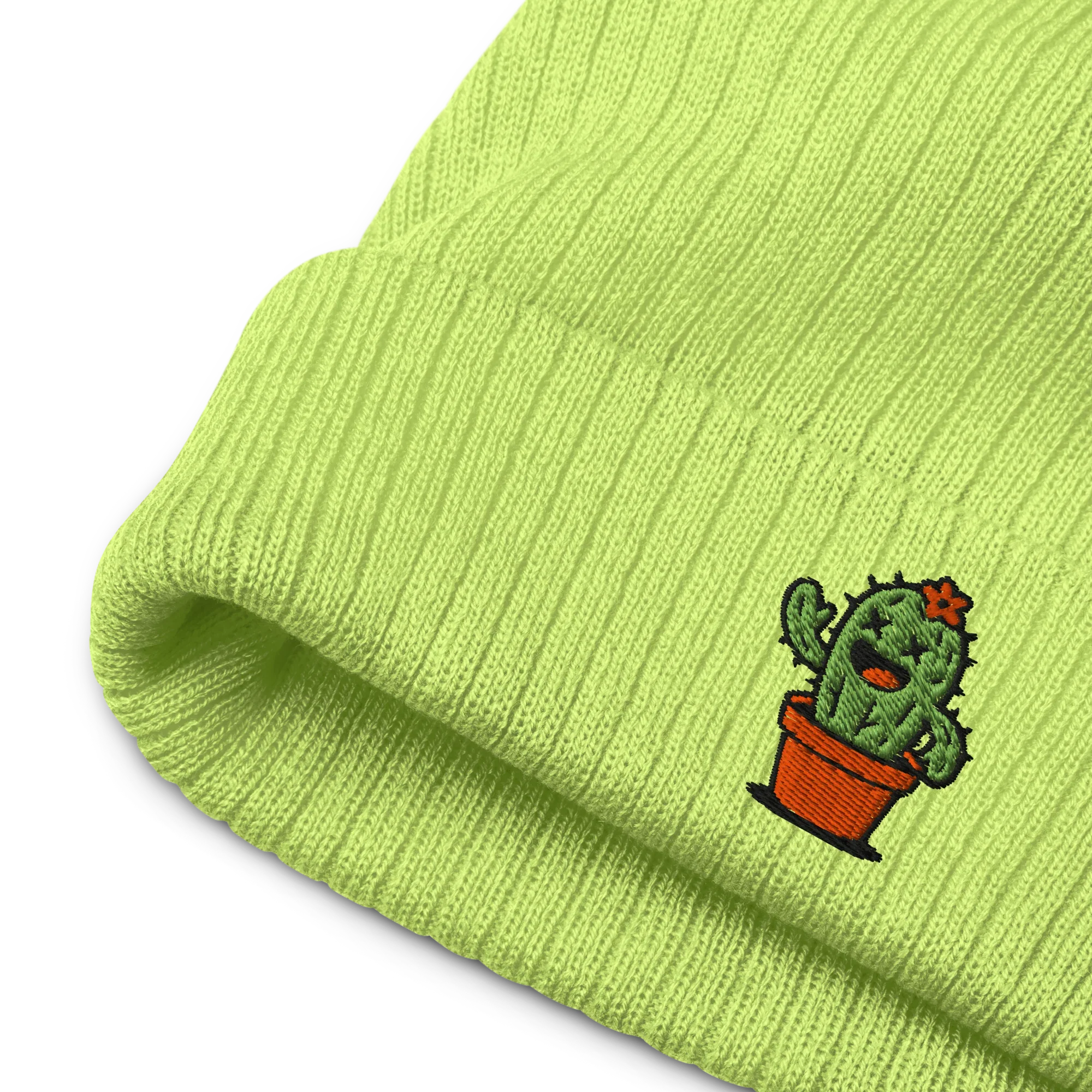gorro tejido acanalado verde ácido Doozy Headwear con bordado de cactus en maceta
