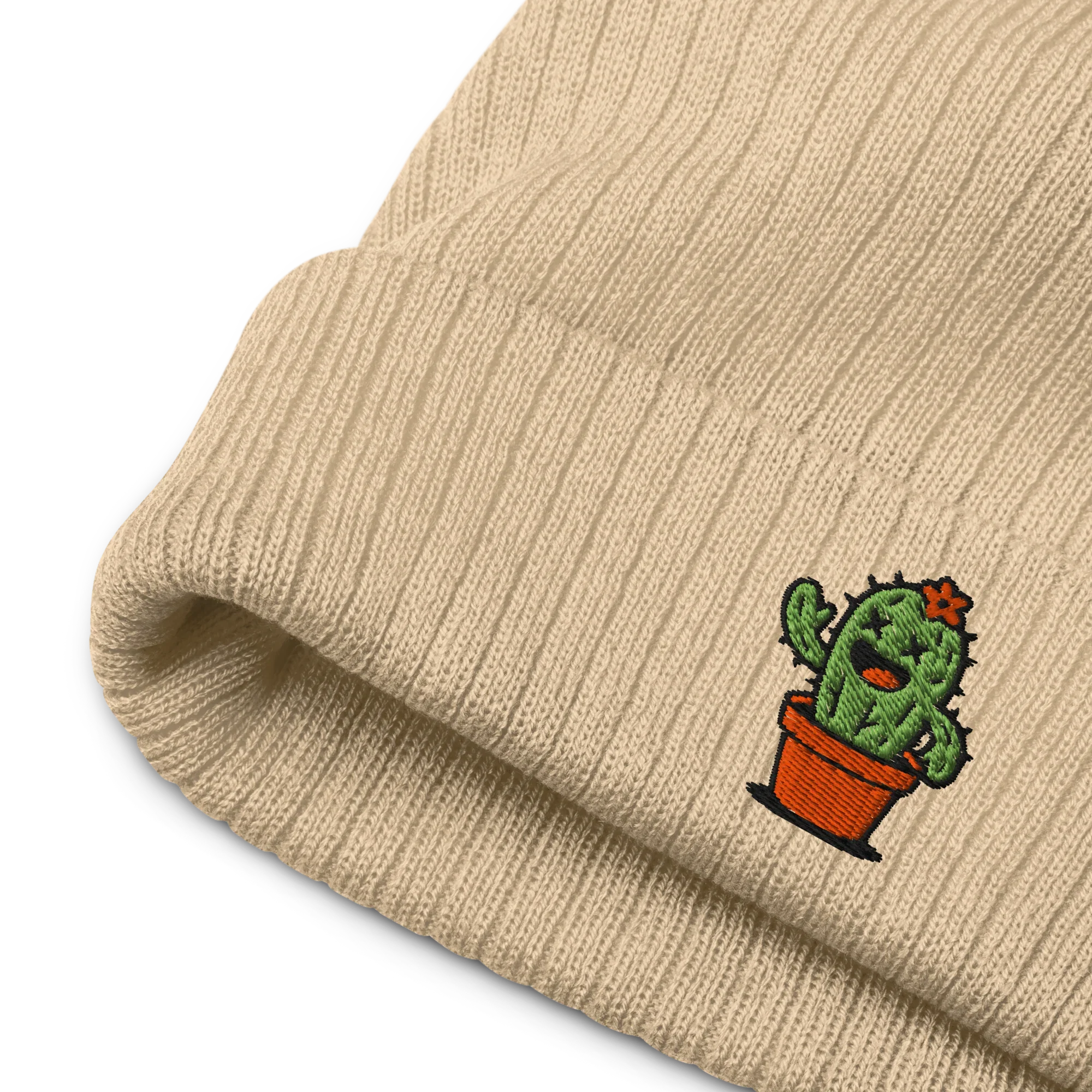 Gorro beige de punto canalé Doozy Headwear con bordado de cactus en maceta