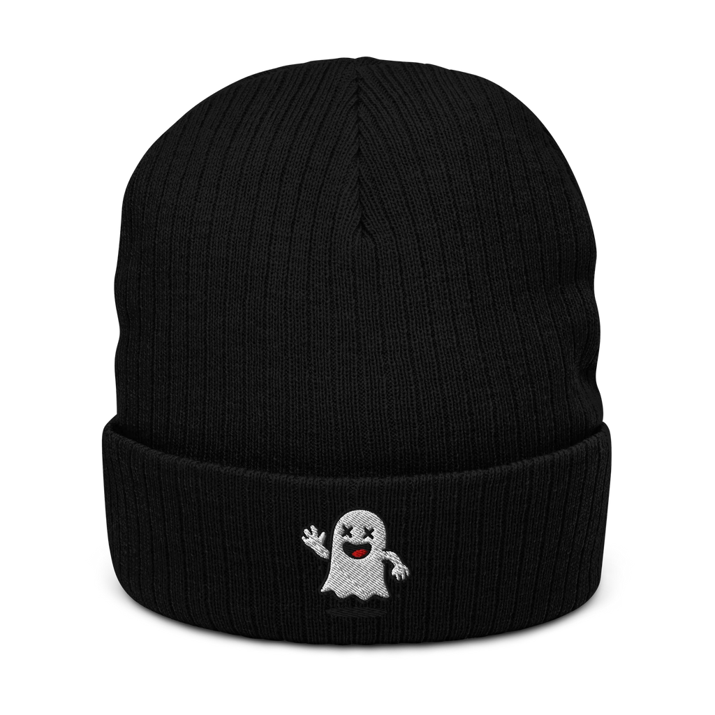 Gorro de punto negro Doozy Headwear con parche de fantasma bordado en el frente