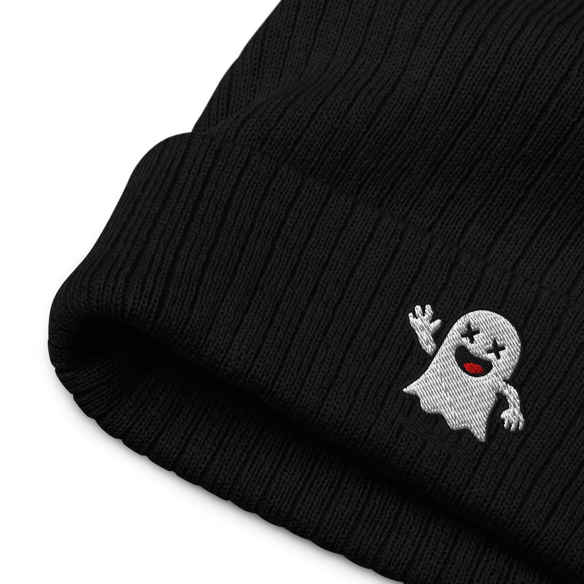 Gorro negro de punto acanalado Doozy Headwear con parche de fantasma bordado alegre