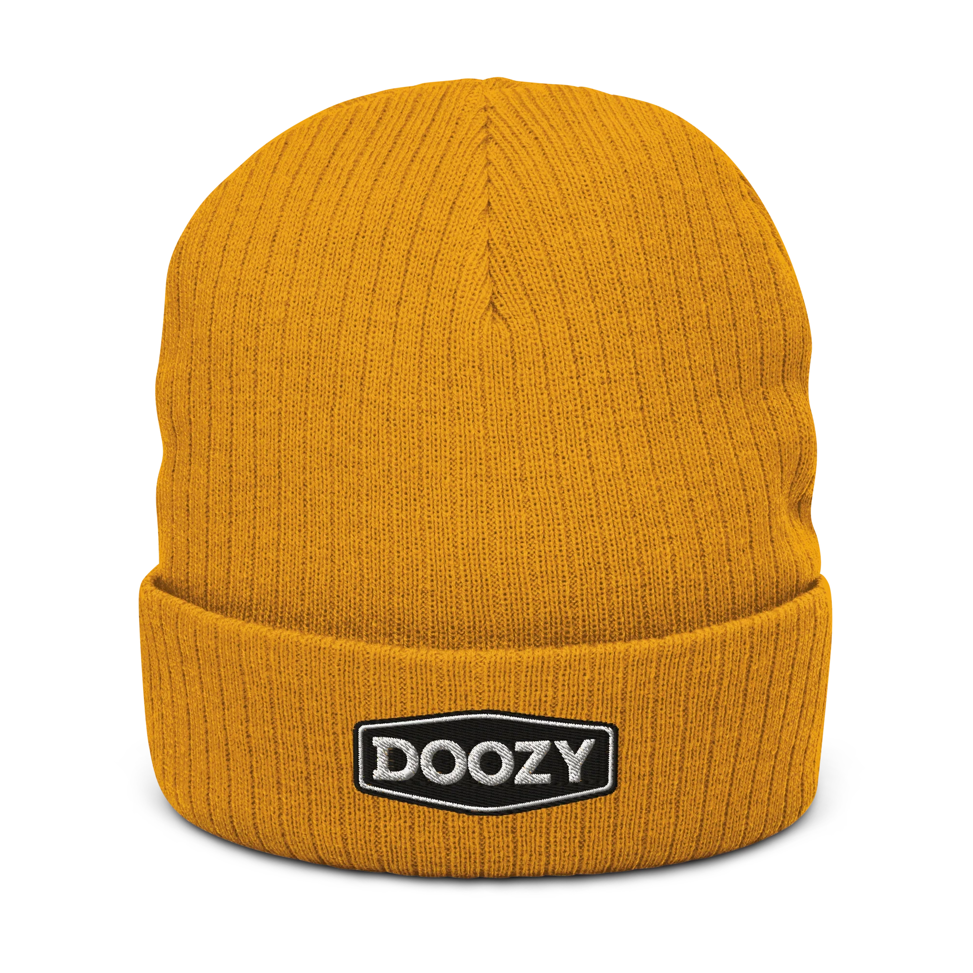 Gorro de punto canalé mostaza con logo Doozy Headwear, tienda oficial dOOzy