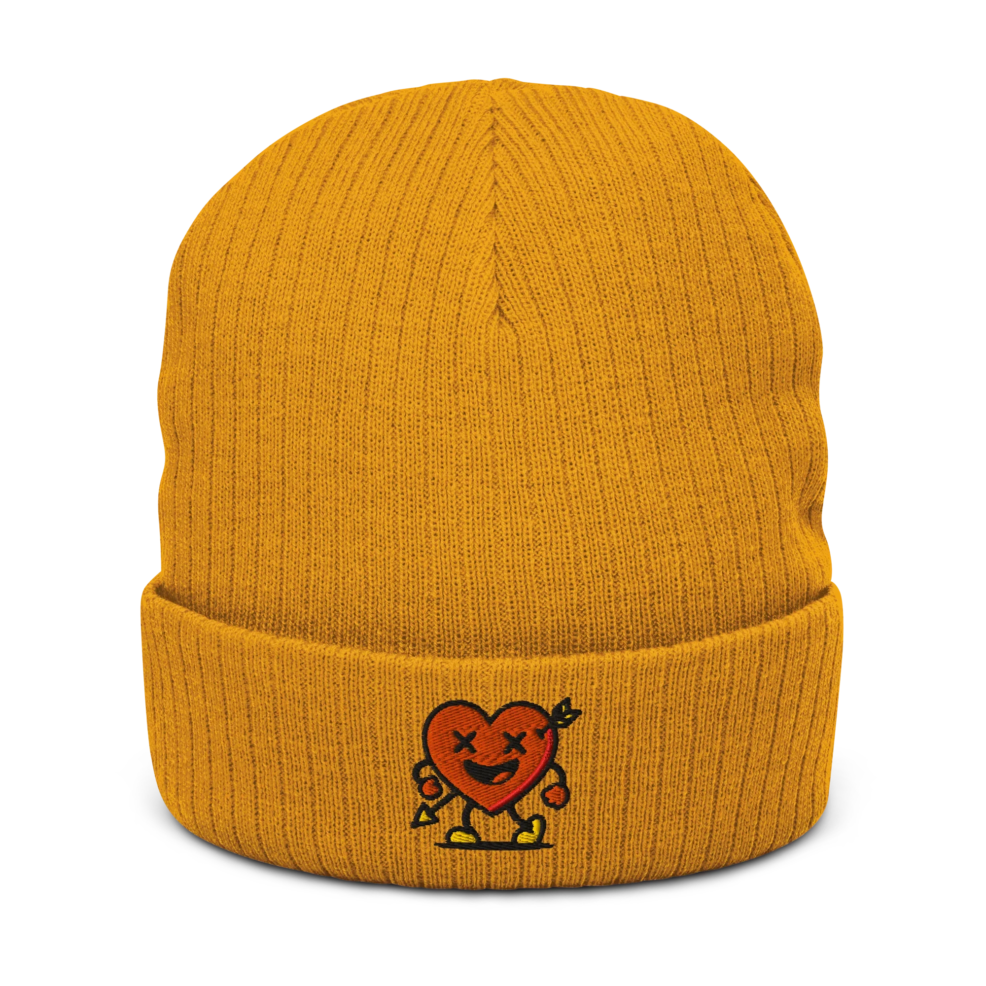 Gorro mostaza de punto Doozy Headwear con corazón bordado adelante, moda urbana.