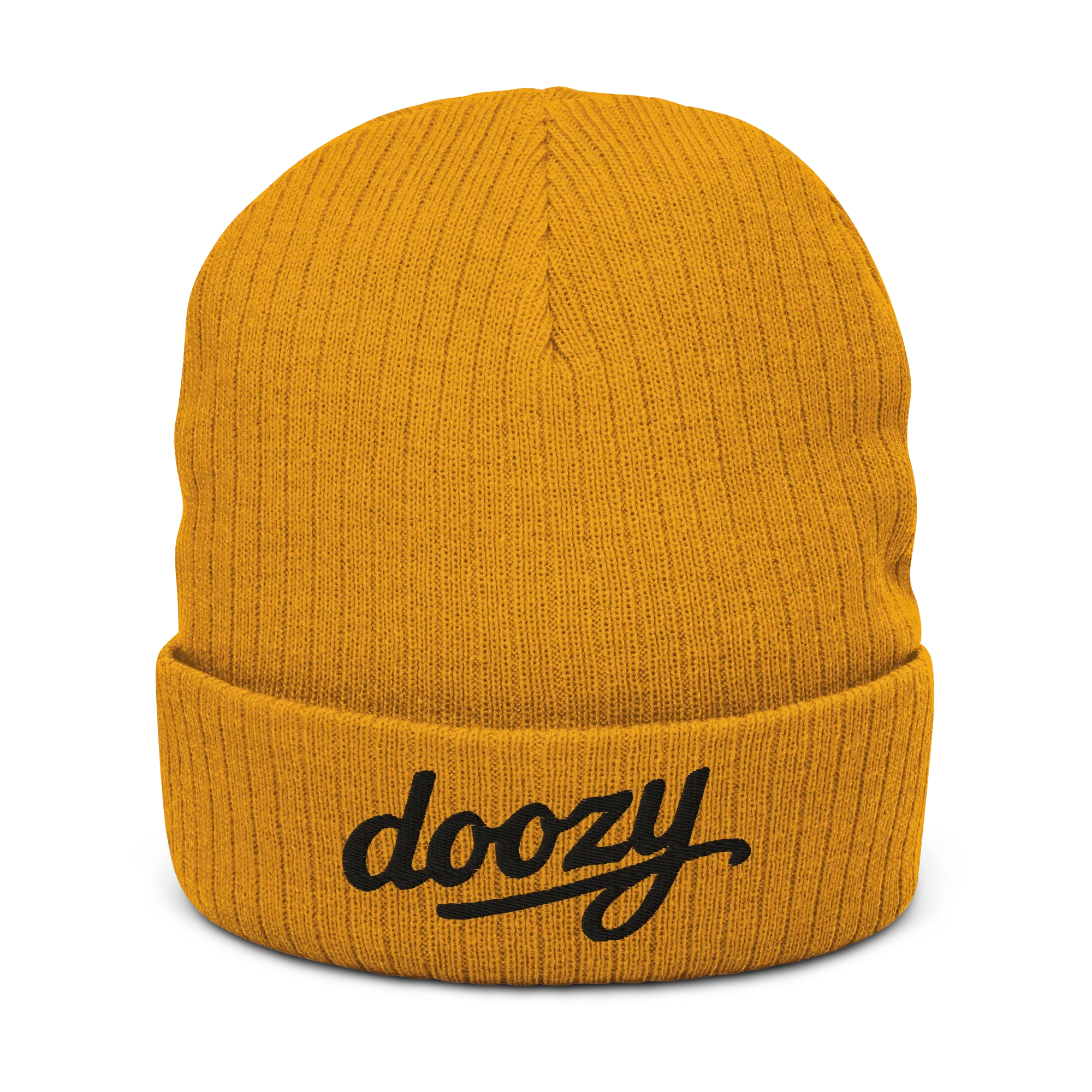 Gorro tejido mostaza Doozy Headwear con logo negro en la parte frontal